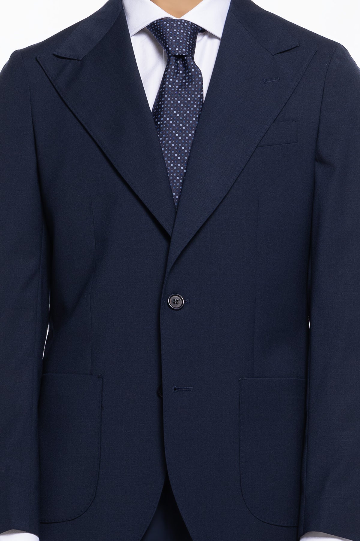 Giacca uomo monopetto navy blu fresco lana mista Rever a lancia tasche a toppe