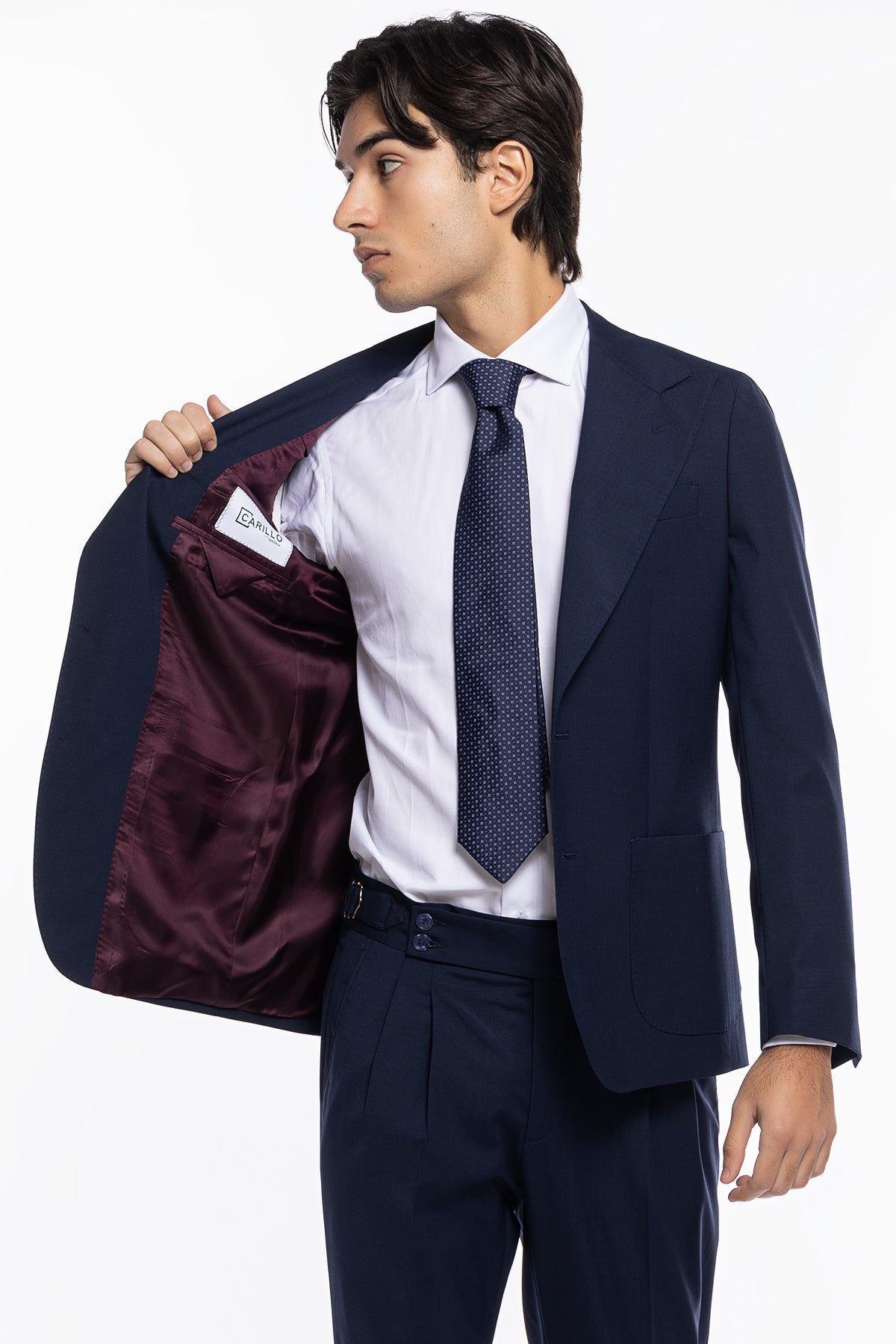 Giacca uomo monopetto navy blu fresco lana mista Rever a lancia tasche a toppe