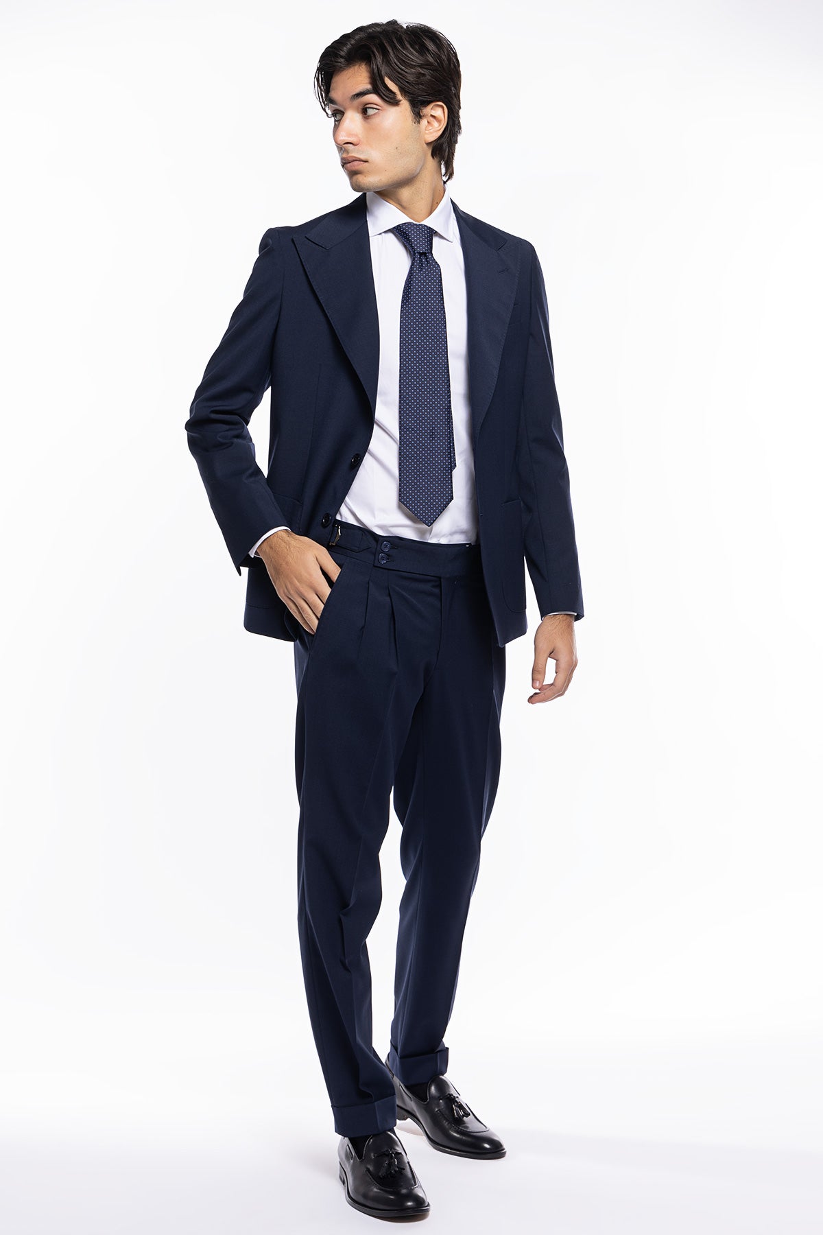 Giacca uomo monopetto navy blu fresco lana mista Rever a lancia tasche a toppe