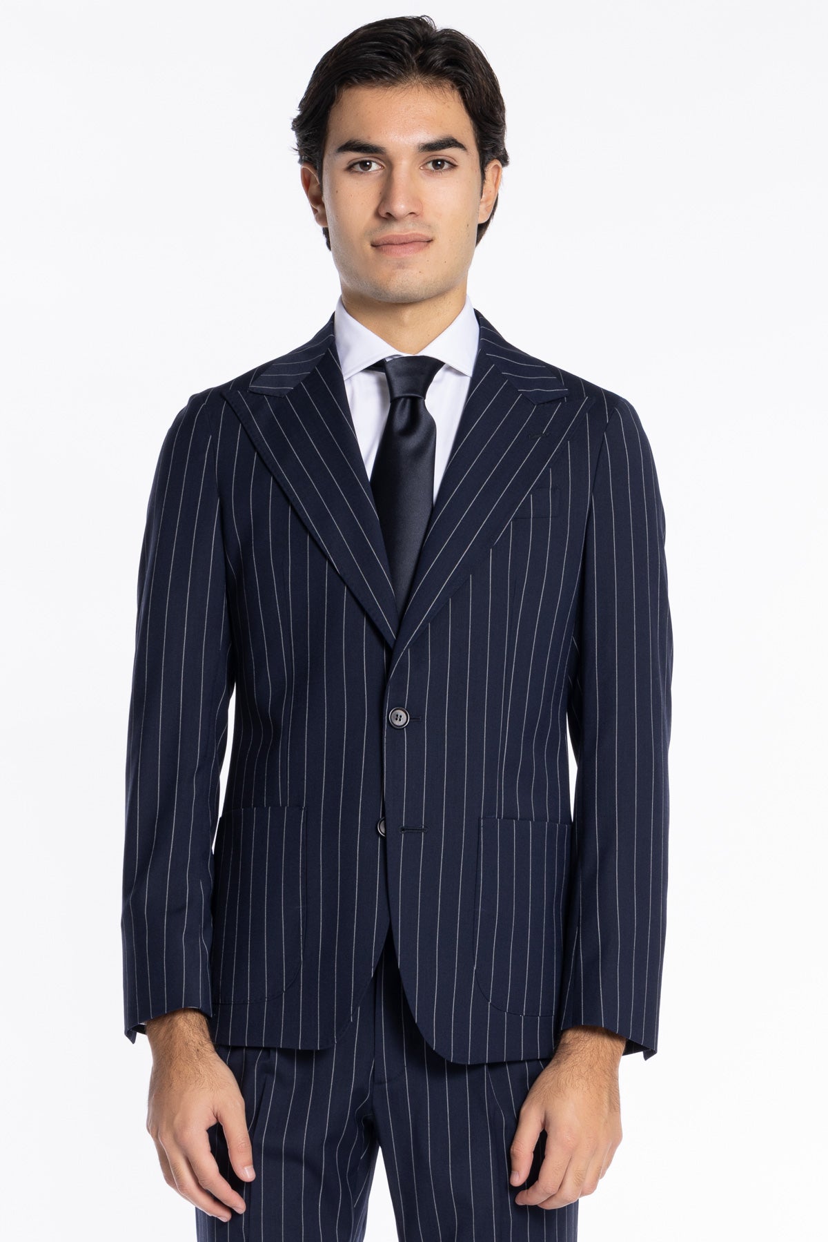 Giacca uomo monopetto gessata Navy blu fresco lana mista Rever a lancia 13cm tasche a toppe