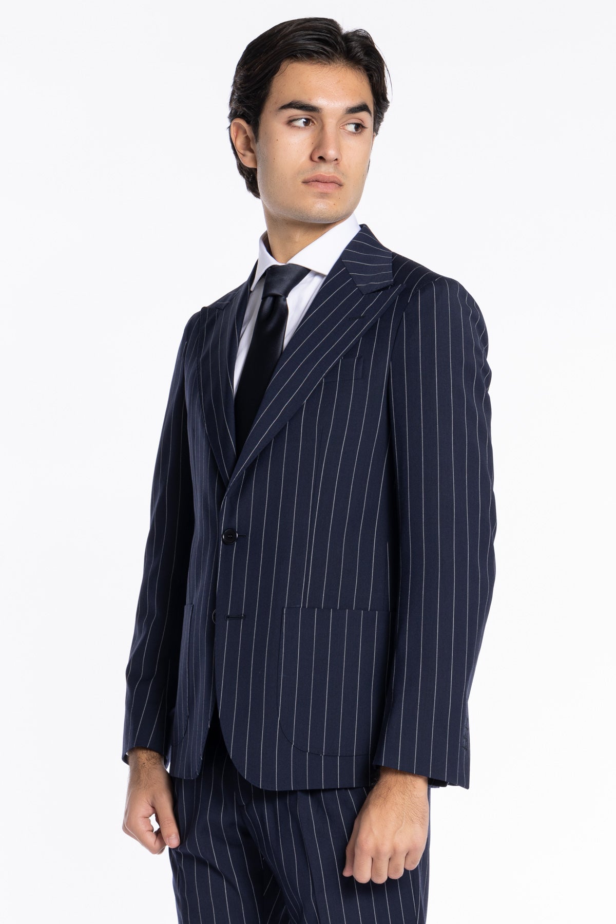 Giacca uomo monopetto gessata Navy blu fresco lana mista Rever a lancia 13cm tasche a toppe