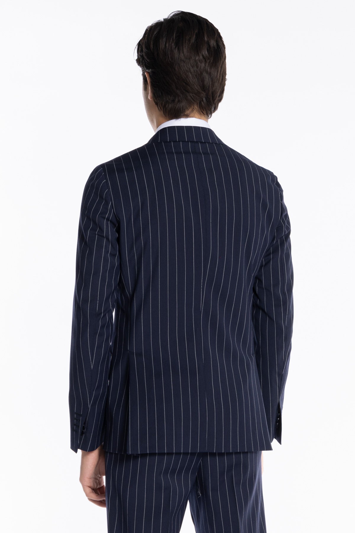 Giacca uomo monopetto gessata Navy blu fresco lana mista Rever a lancia 13cm tasche a toppe