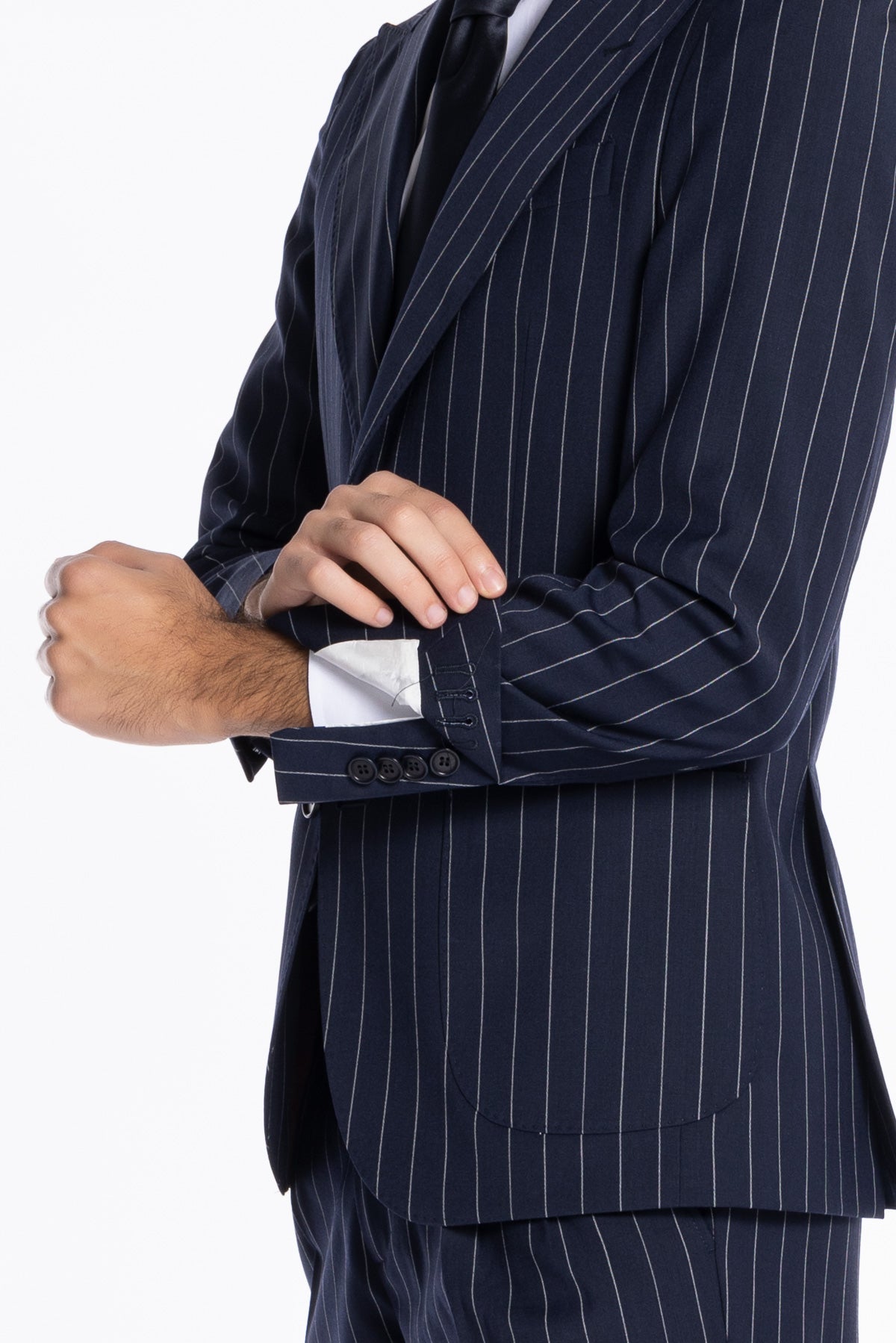 Giacca uomo monopetto gessata Navy blu fresco lana mista Rever a lancia 13cm tasche a toppe