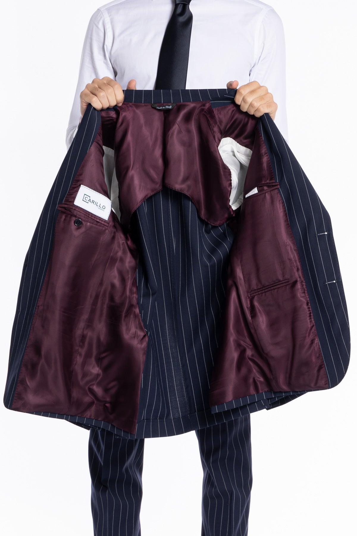 Giacca uomo monopetto gessata Navy blu fresco lana mista Rever a lancia 13cm tasche a toppe