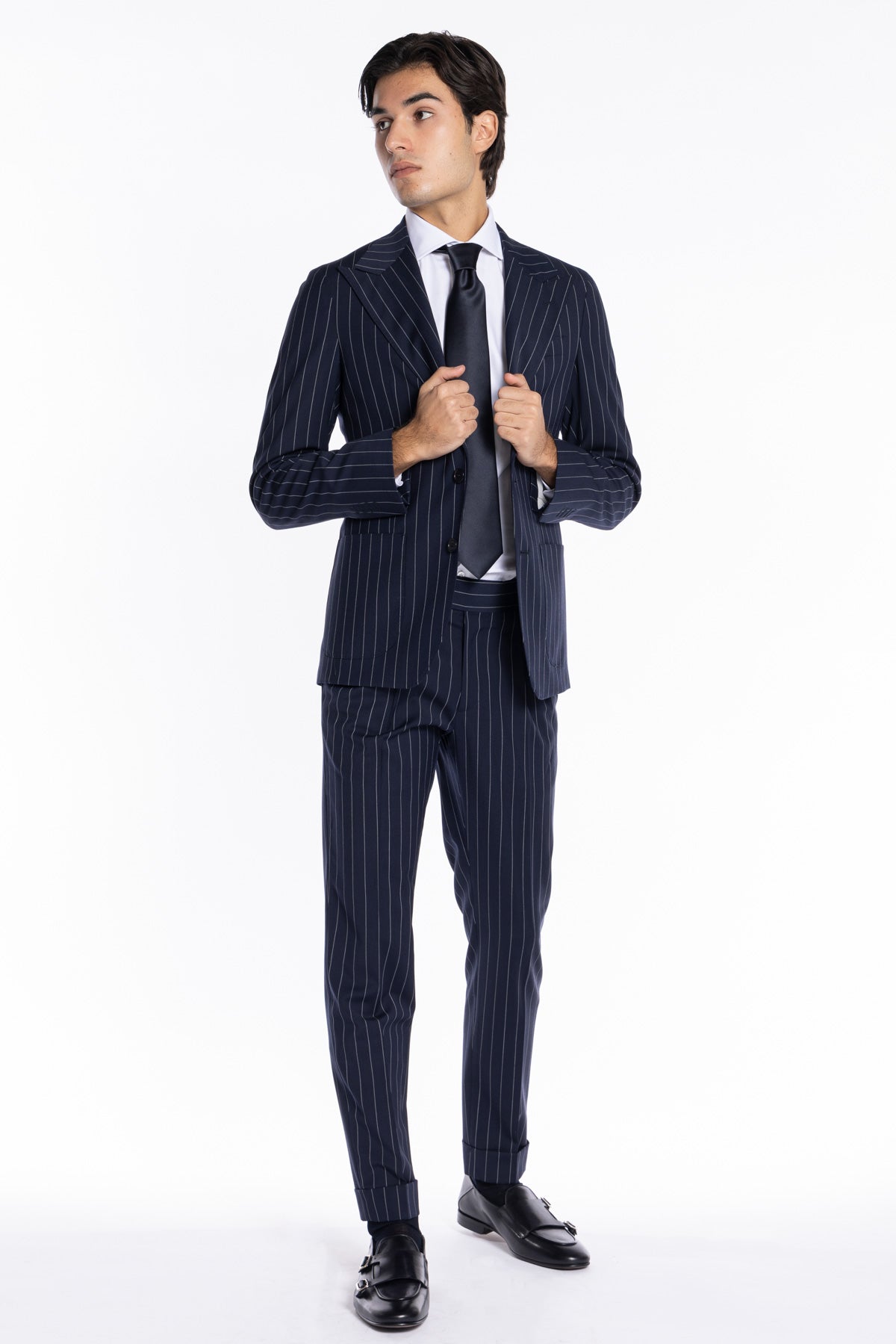 Giacca uomo monopetto gessata Navy blu fresco lana mista Rever a lancia 13cm tasche a toppe