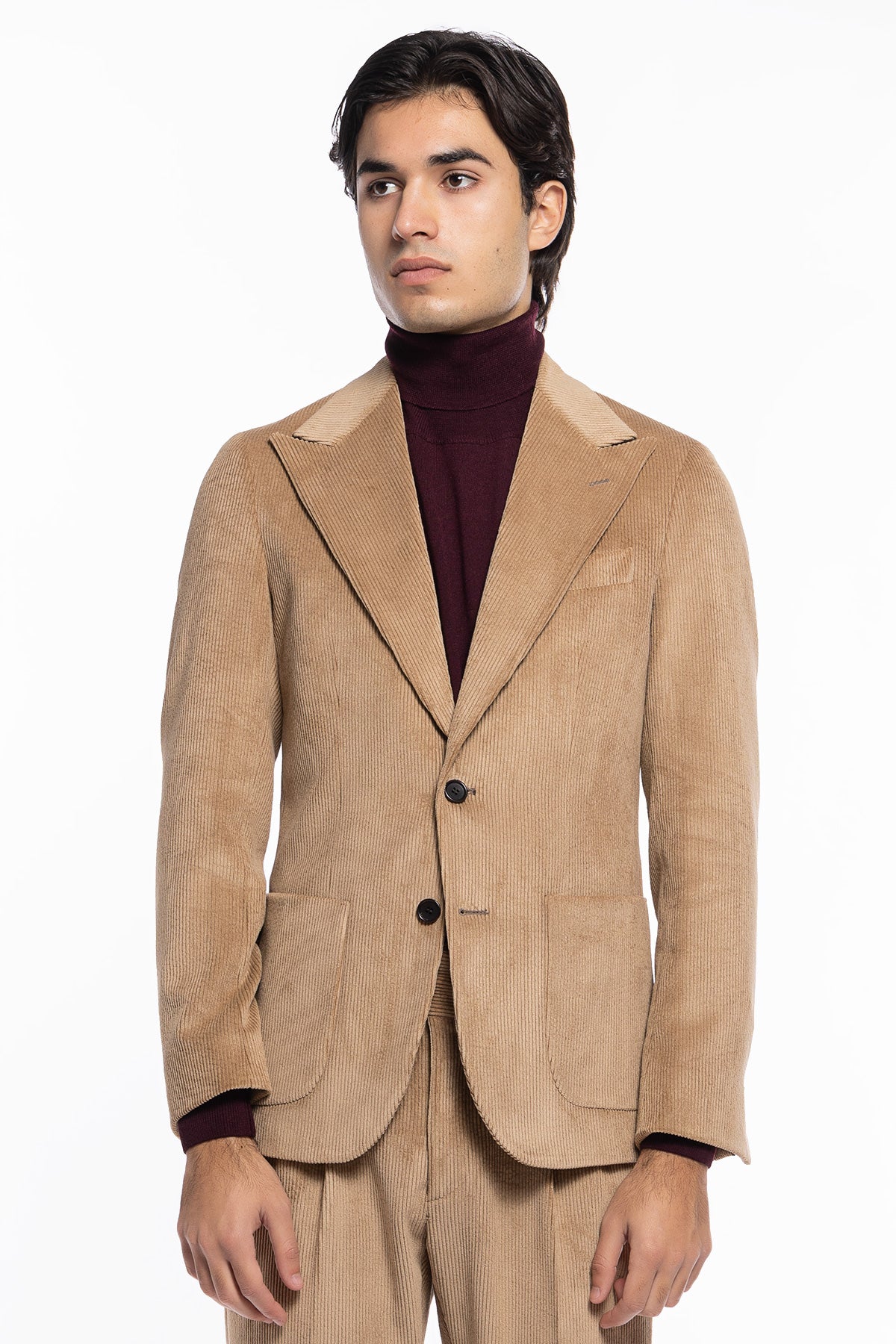 Abito uomo monopetto beige in velluto a costine strette Rever a lancia tasche a toppe