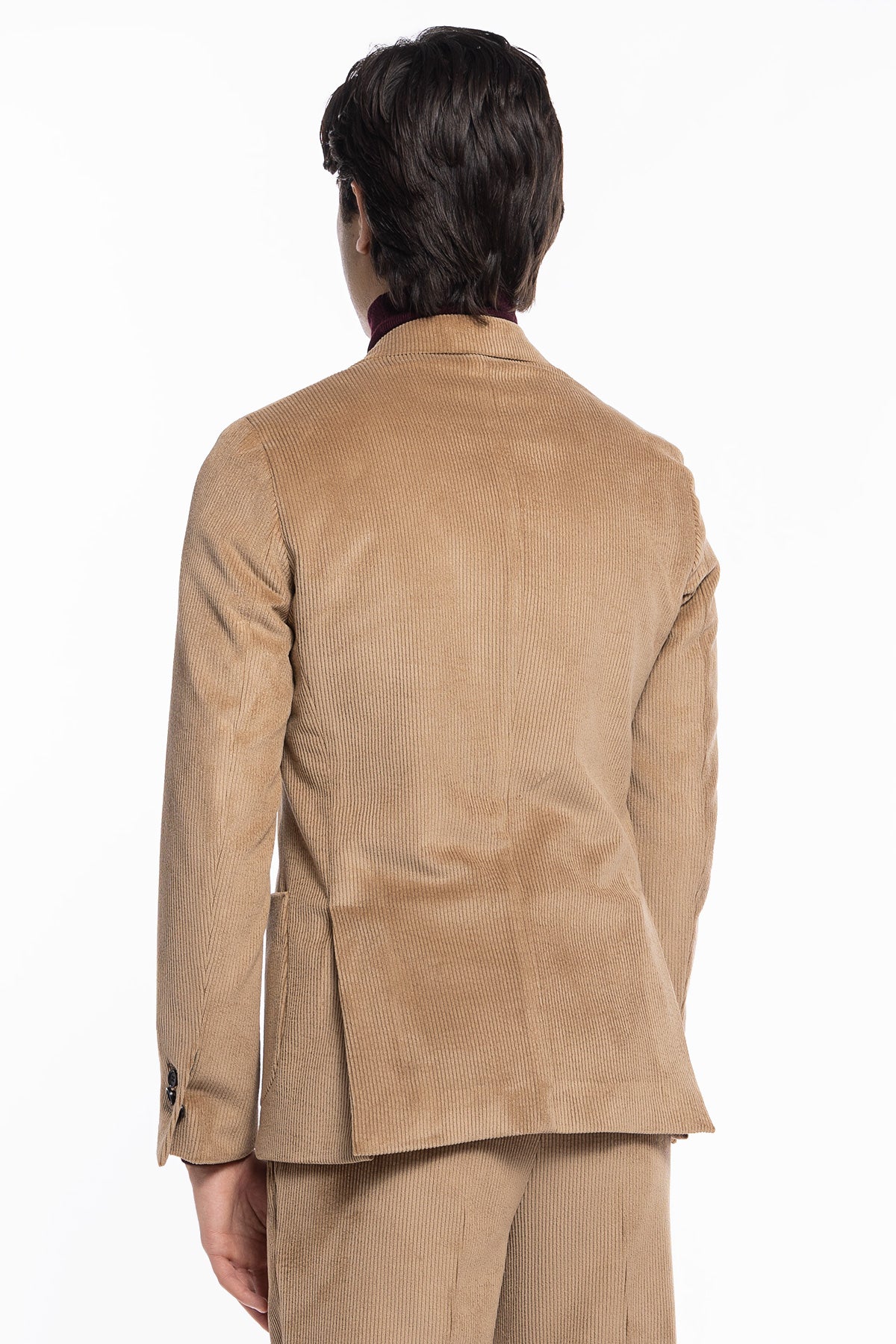 Abito uomo monopetto beige in velluto a costine strette Rever a lancia tasche a toppe