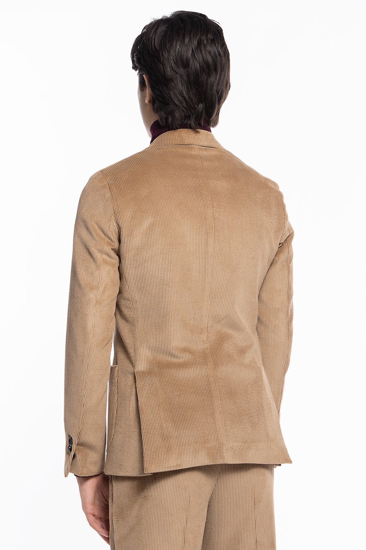 Giacca uomo monopetto beige in velluto a costine strette Rever a lancia tasche a toppe