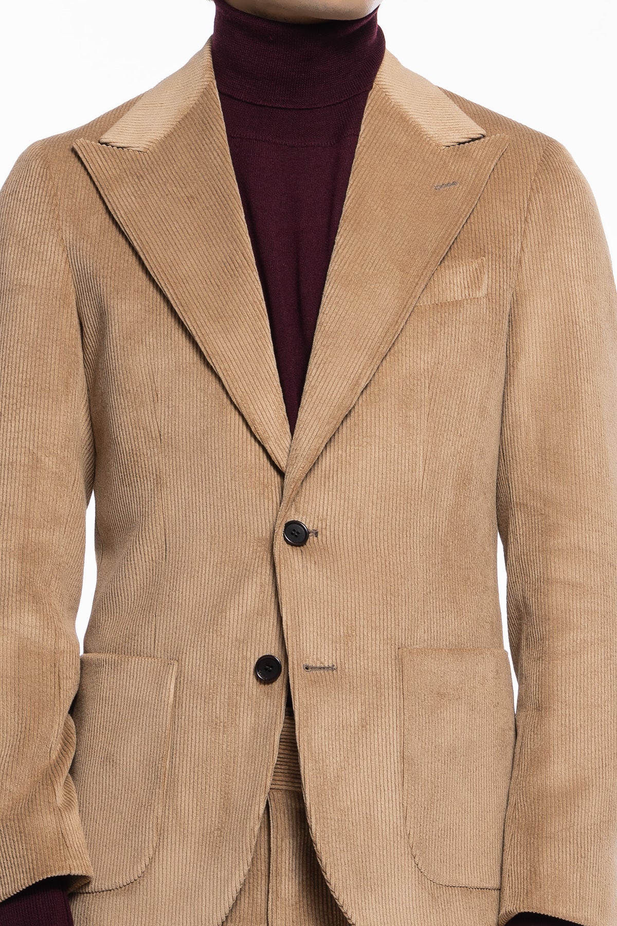 Giacca uomo monopetto beige in velluto a costine strette Rever a lancia tasche a toppe
