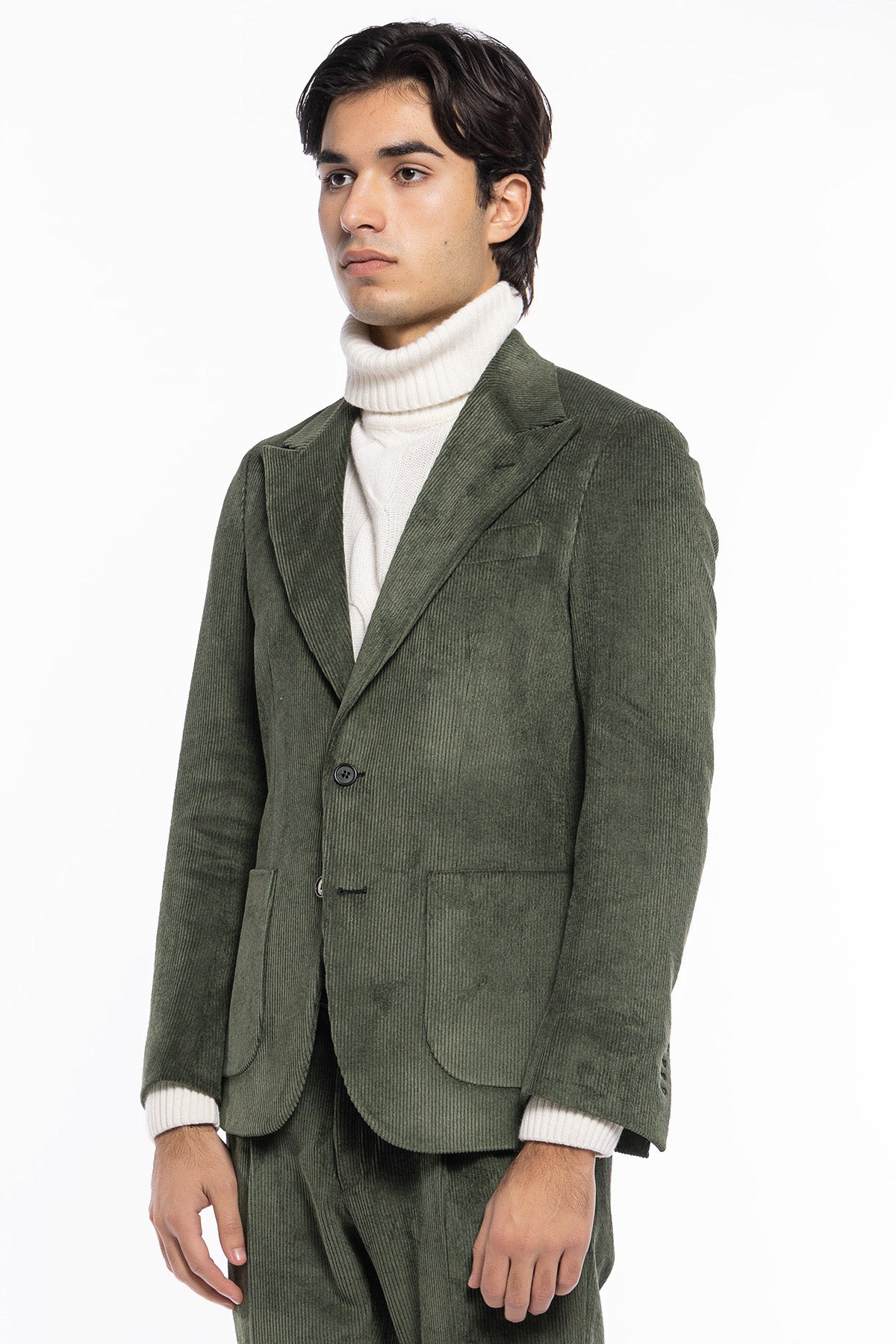 Giacca uomo monopetto verde militare in velluto a costine strette Rever a lancia tasche a toppe