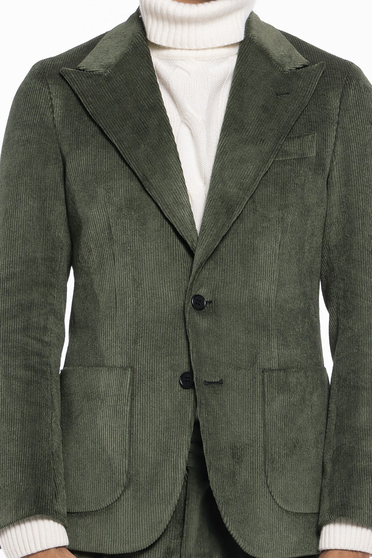Giacca uomo monopetto verde militare in velluto a costine strette Rever a lancia tasche a toppe
