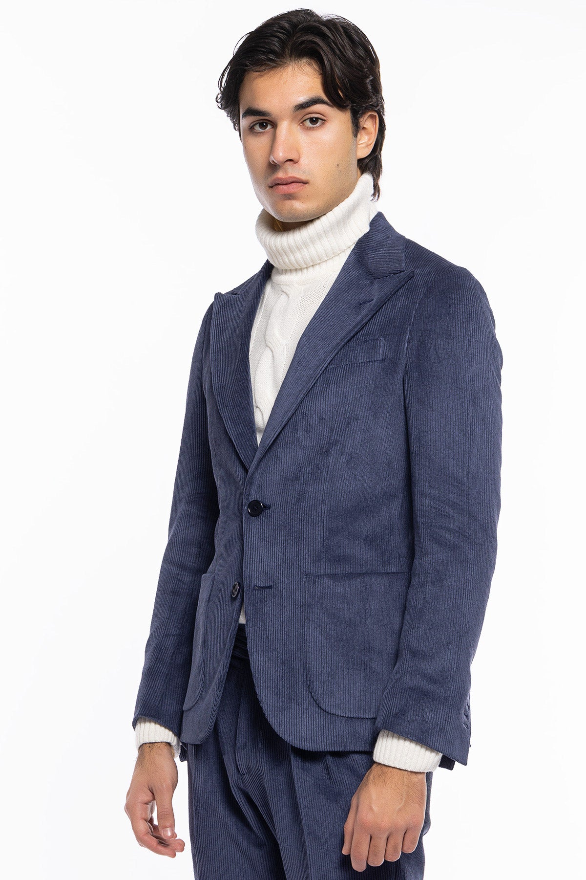Giacca uomo monopetto color denim in velluto a costine strette Rever a lancia tasche a toppe