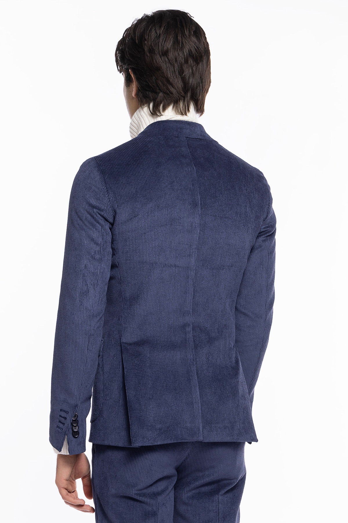 Giacca uomo monopetto color denim in velluto a costine strette Rever a lancia tasche a toppe