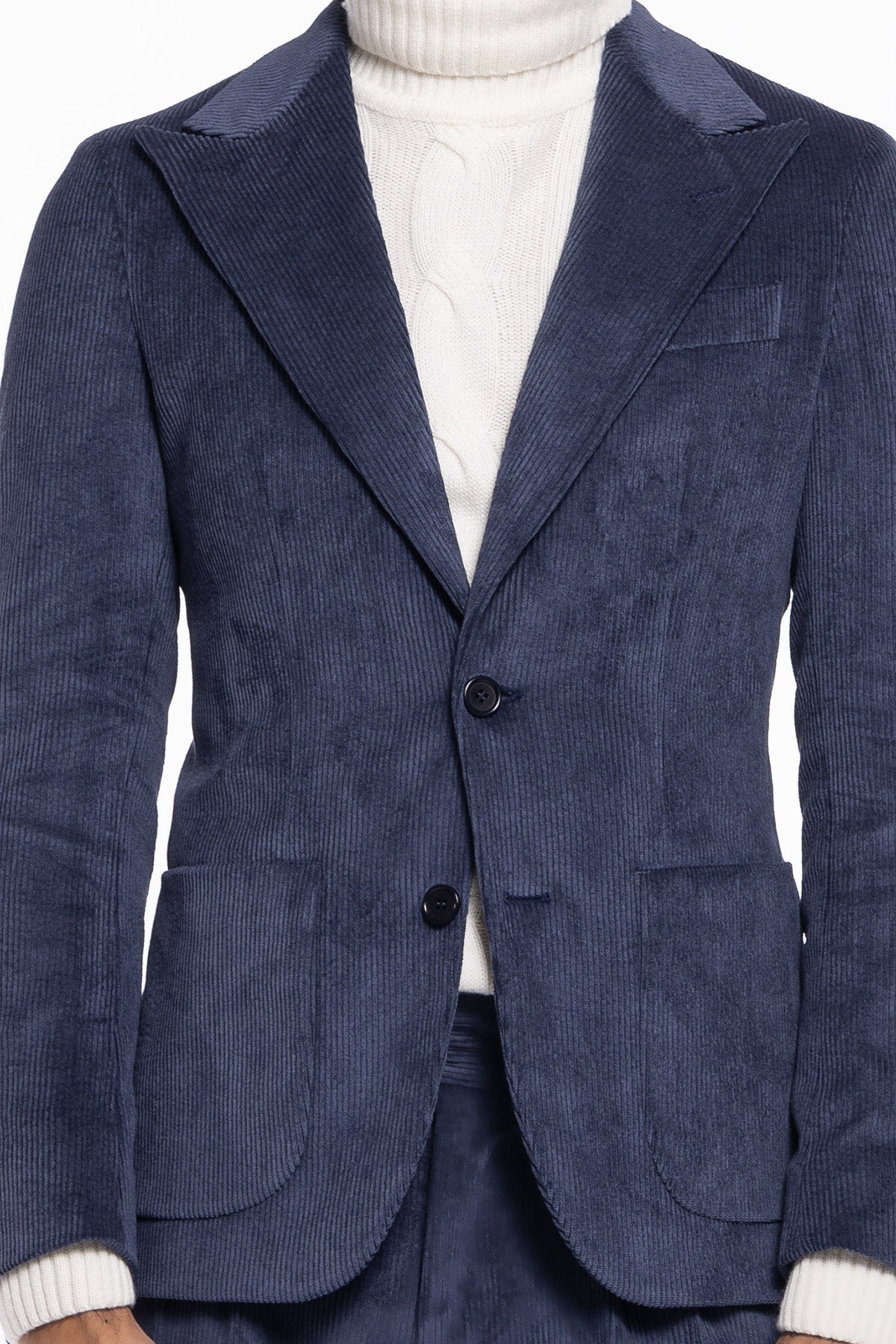 Abito uomo monopetto color denim in velluto a costine strette Rever a lancia tasche a toppe