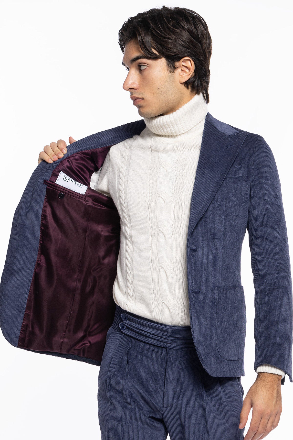 Giacca uomo monopetto color denim in velluto a costine strette Rever a lancia tasche a toppe