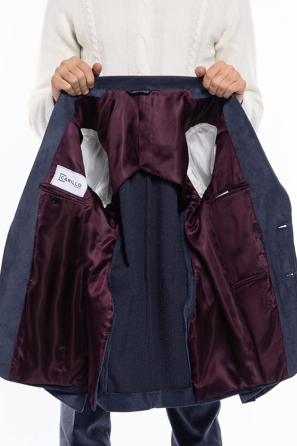 Giacca uomo monopetto color denim in velluto a costine strette Rever a lancia tasche a toppe