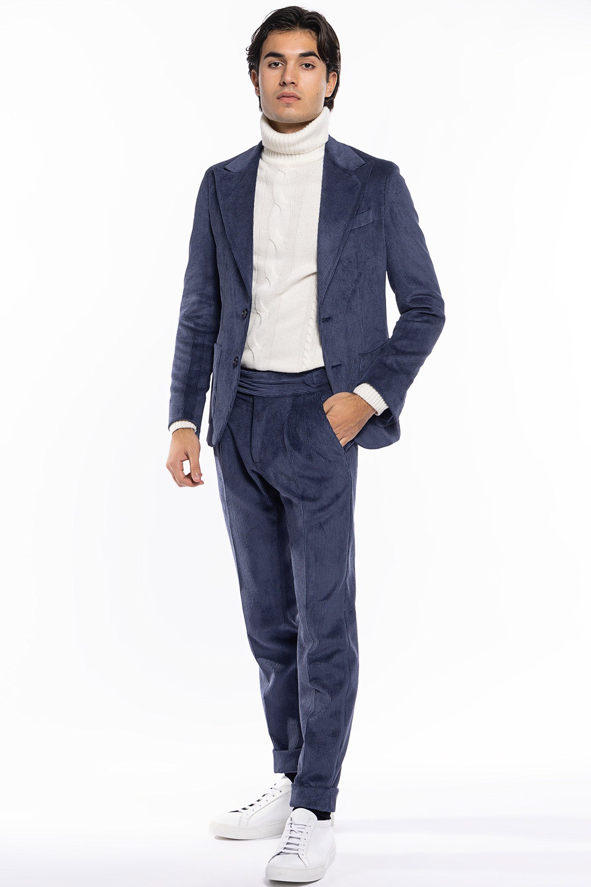 Giacca uomo monopetto color denim in velluto a costine strette Rever a lancia tasche a toppe