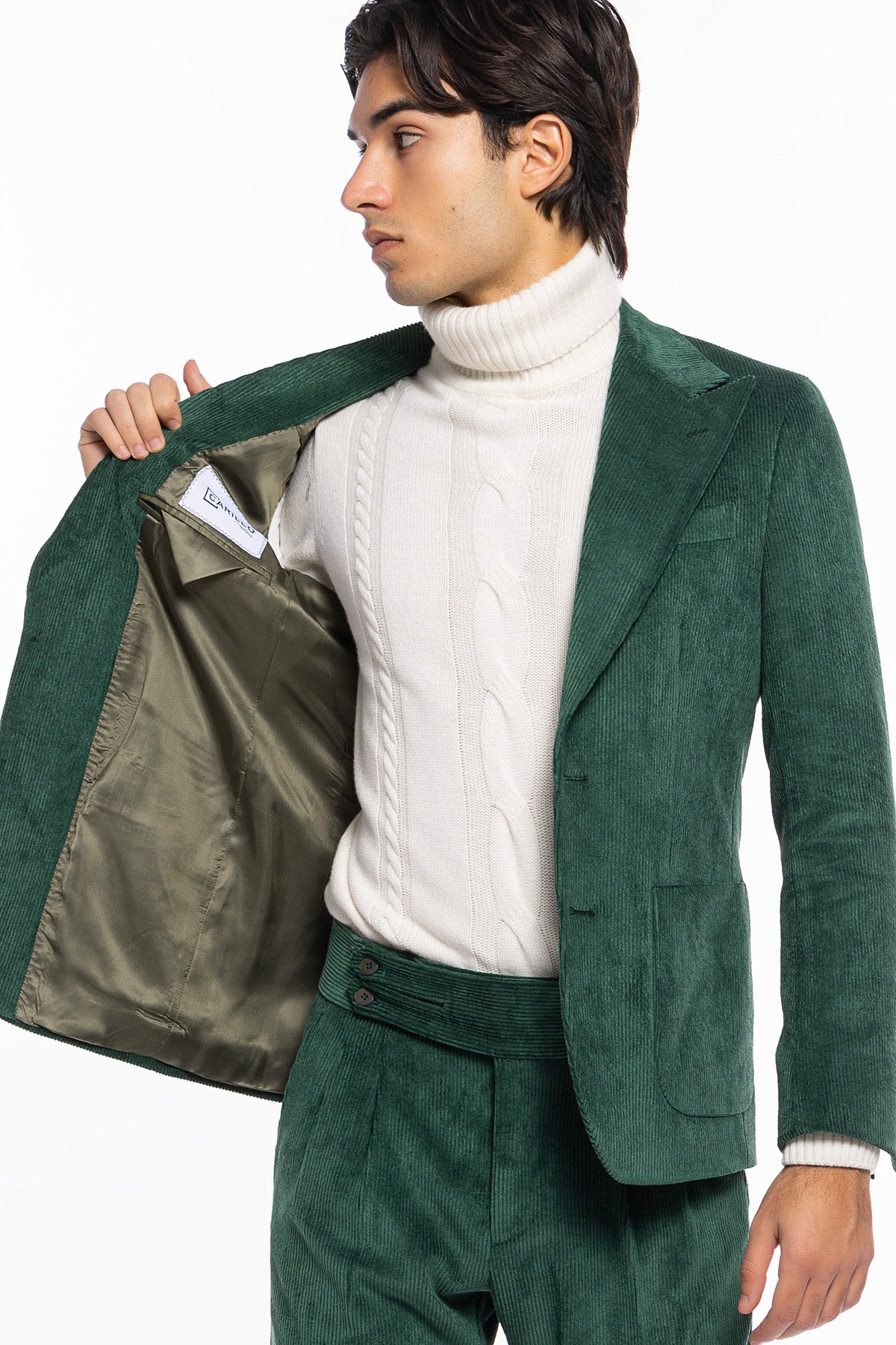 Giacca uomo monopetto verde bottiglia in velluto a costine strette Rever a lancia tasche a toppe
