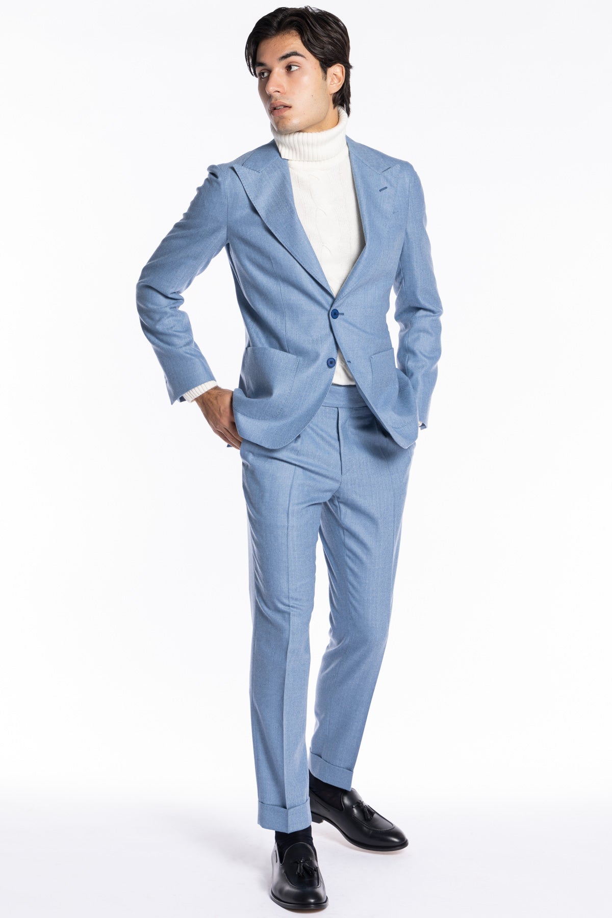Giacca uomo monopetto celeste spigata in pura lana Rever a lancia e tasche a toppe Holland & Sherry