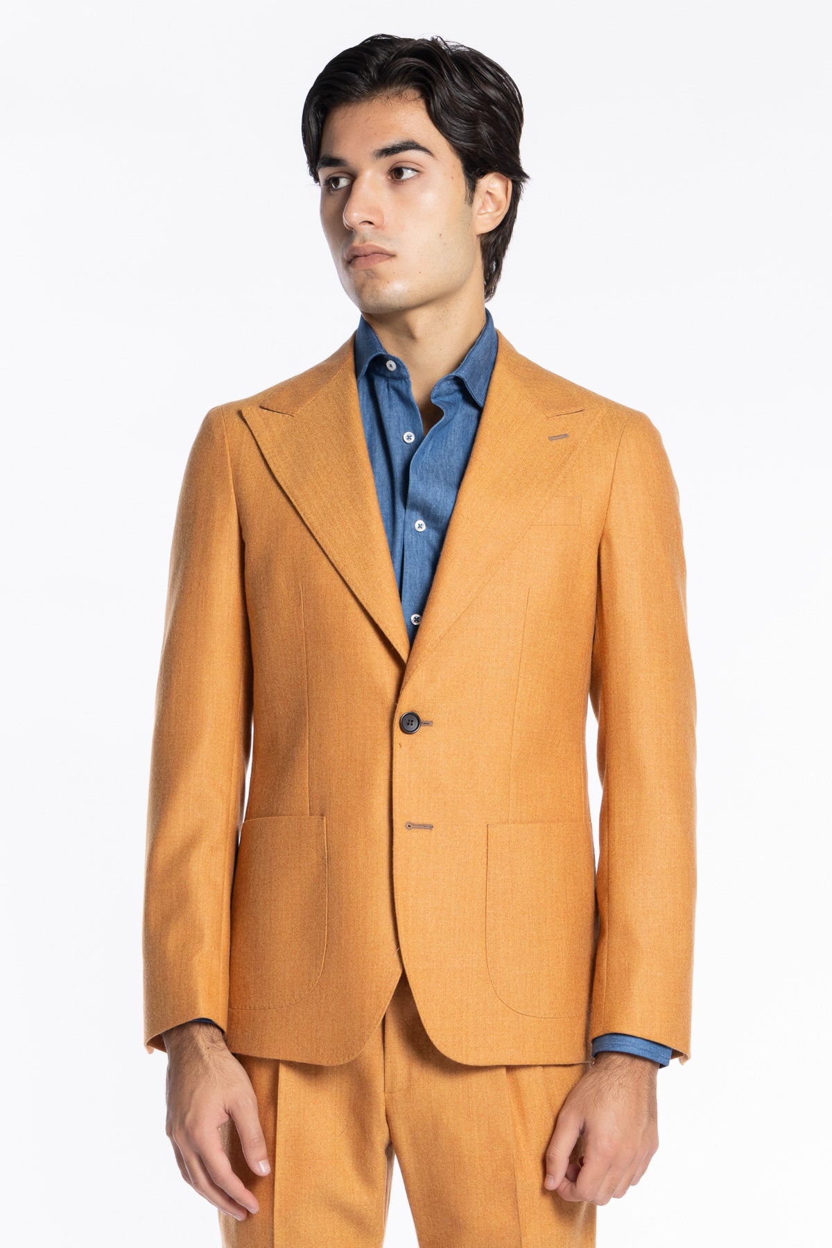 Abito uomo monopetto Arancio spigata in pura lana Rever a lancia e tasche a toppe Holland & Sherry