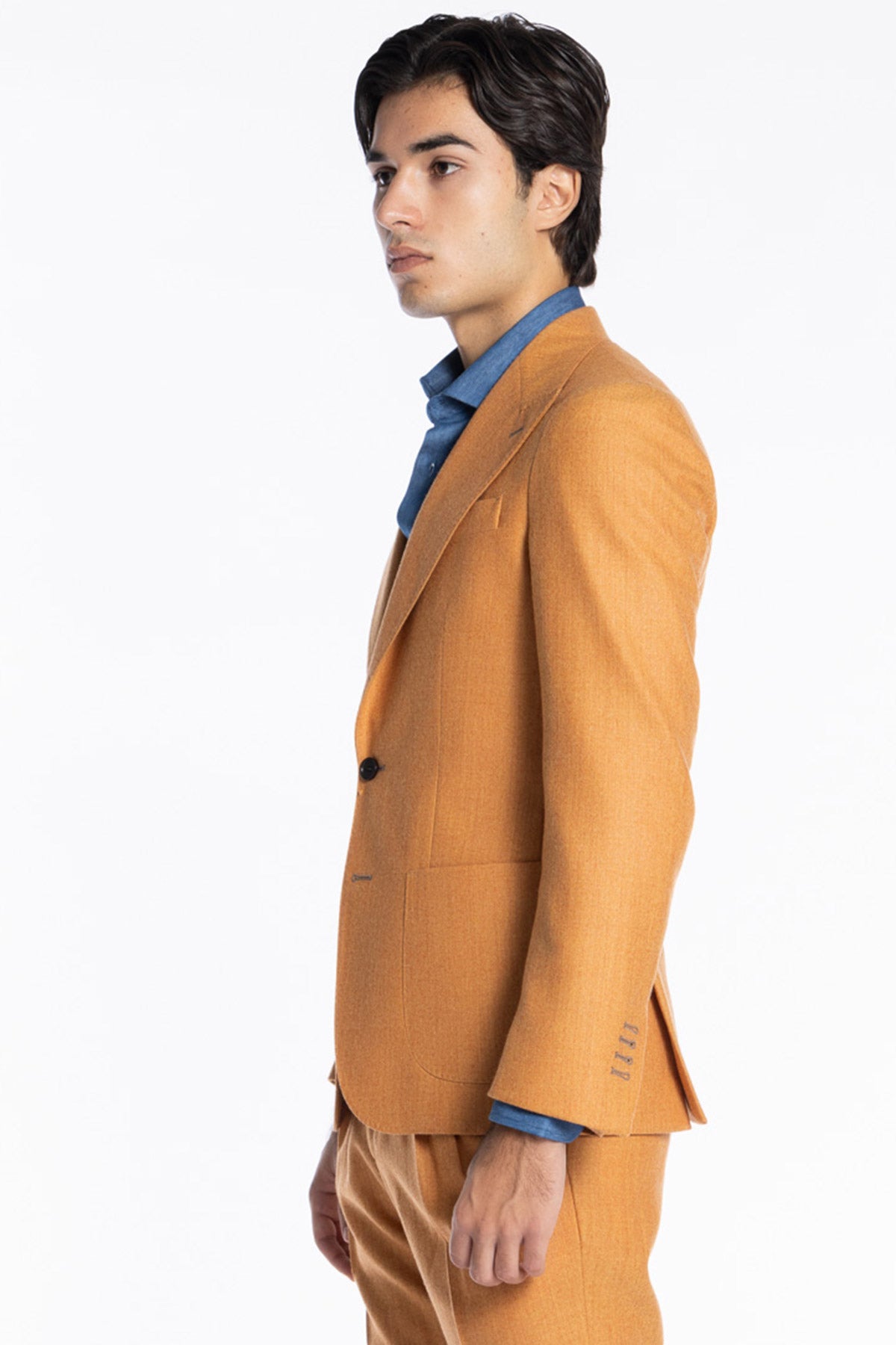 Abito uomo monopetto Arancio spigata in pura lana Rever a lancia e tasche a toppe Holland & Sherry