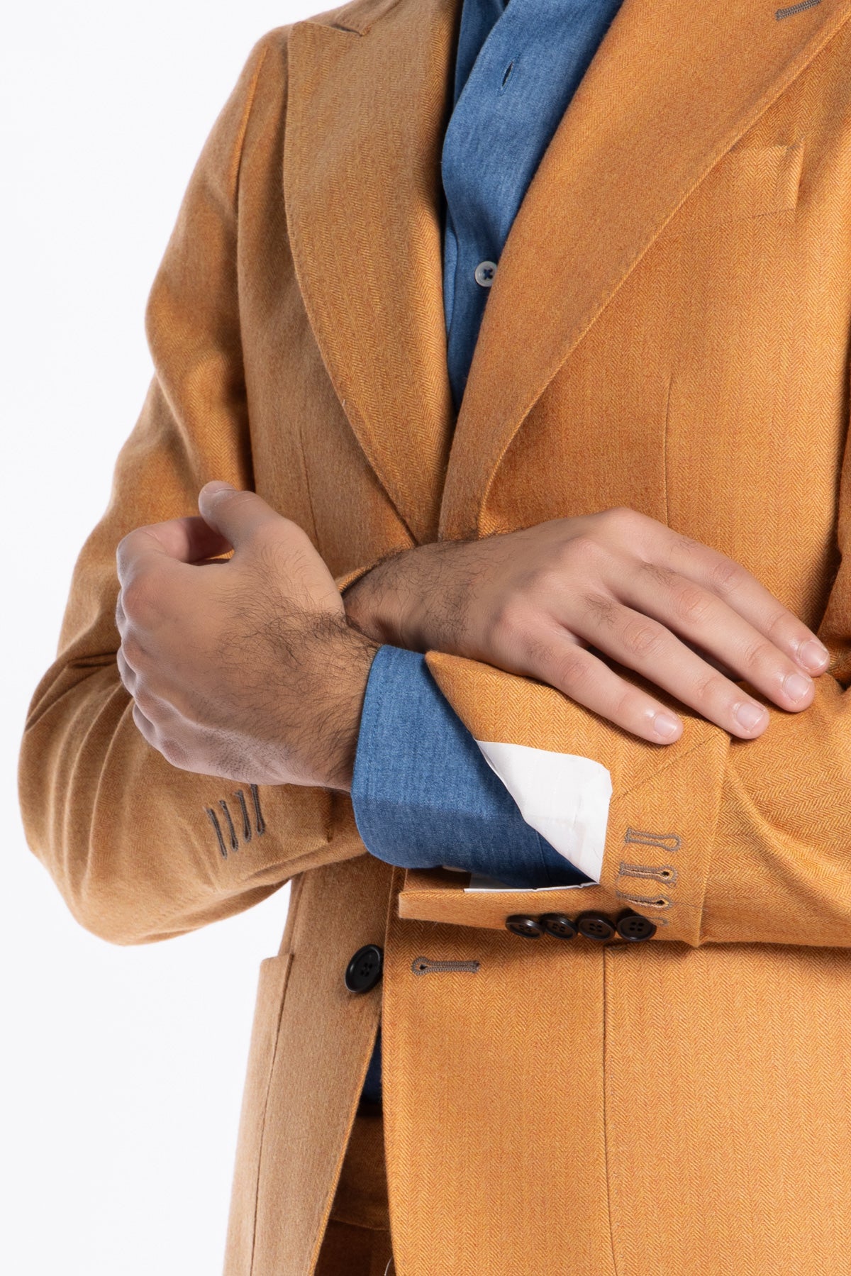 Abito uomo monopetto Arancio spigata in pura lana Rever a lancia e tasche a toppe Holland & Sherry