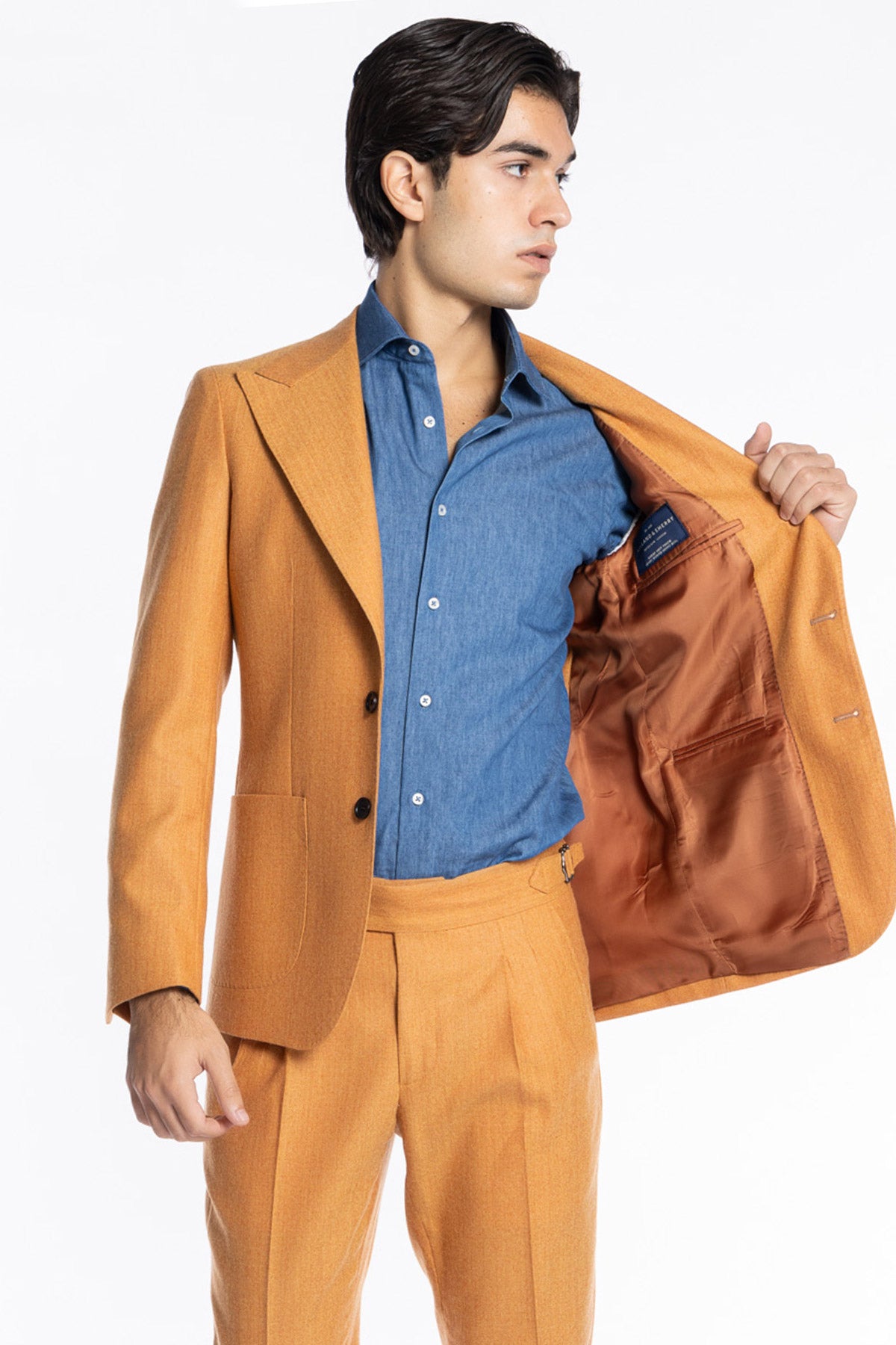 Abito uomo monopetto Arancio spigata in pura lana Rever a lancia e tasche a toppe Holland & Sherry