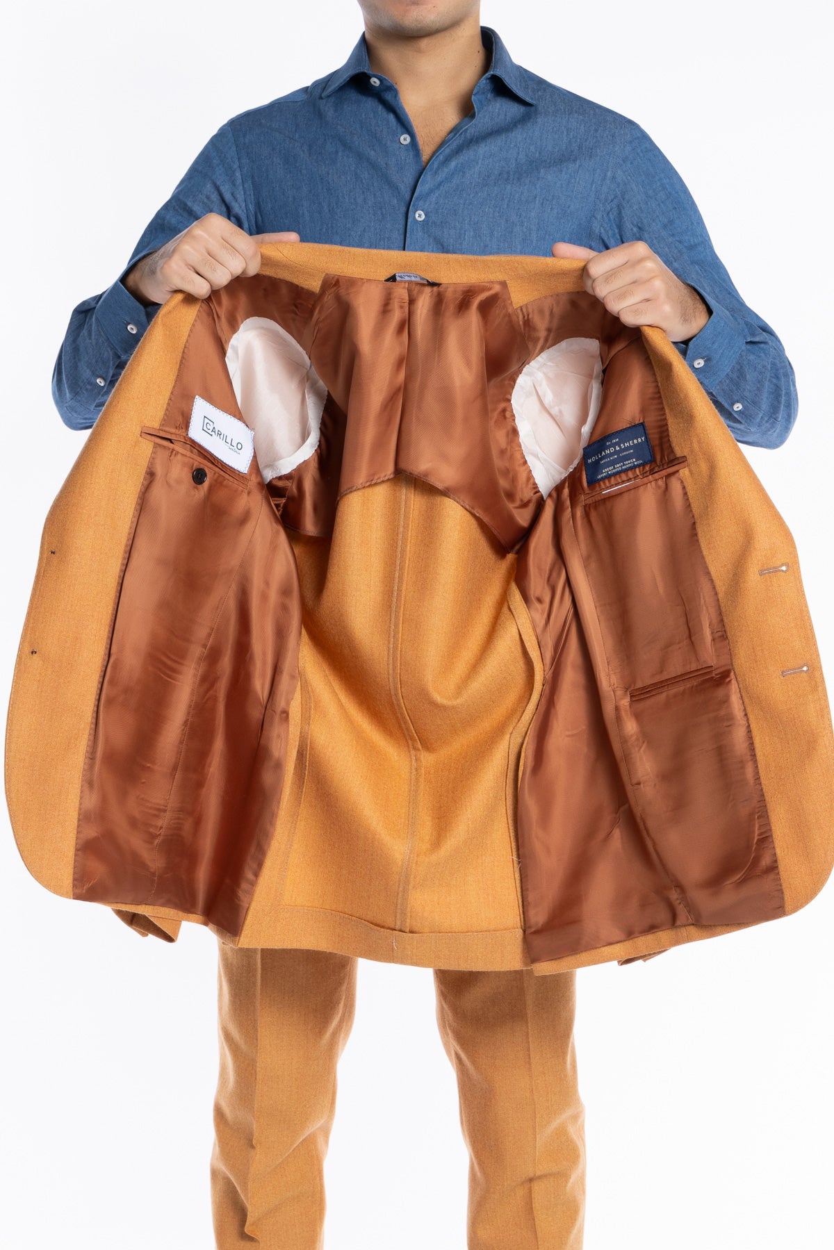 Abito uomo monopetto Arancio spigata in pura lana Rever a lancia e tasche a toppe Holland & Sherry