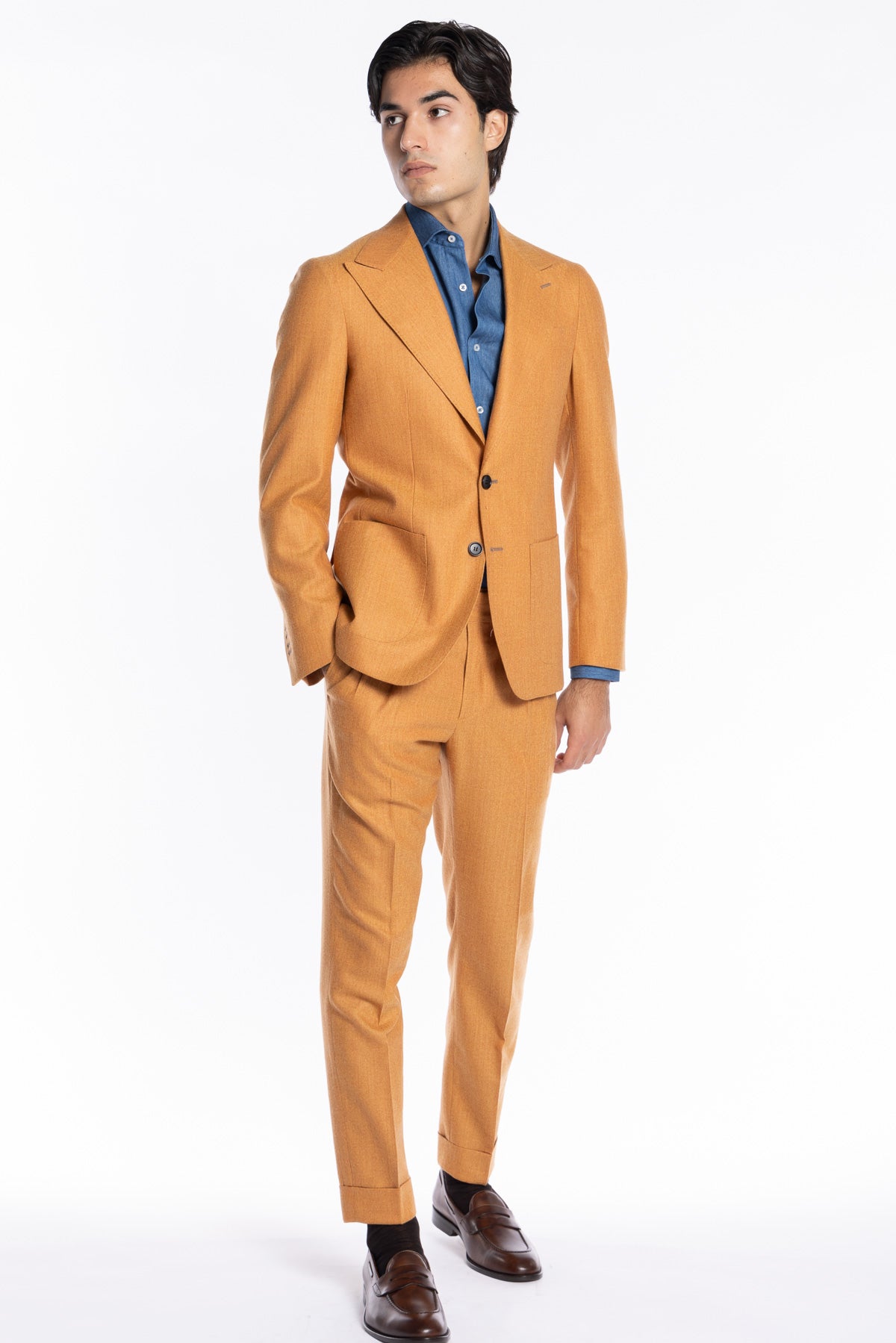 Abito uomo monopetto Arancio spigata in pura lana Rever a lancia e tasche a toppe Holland & Sherry