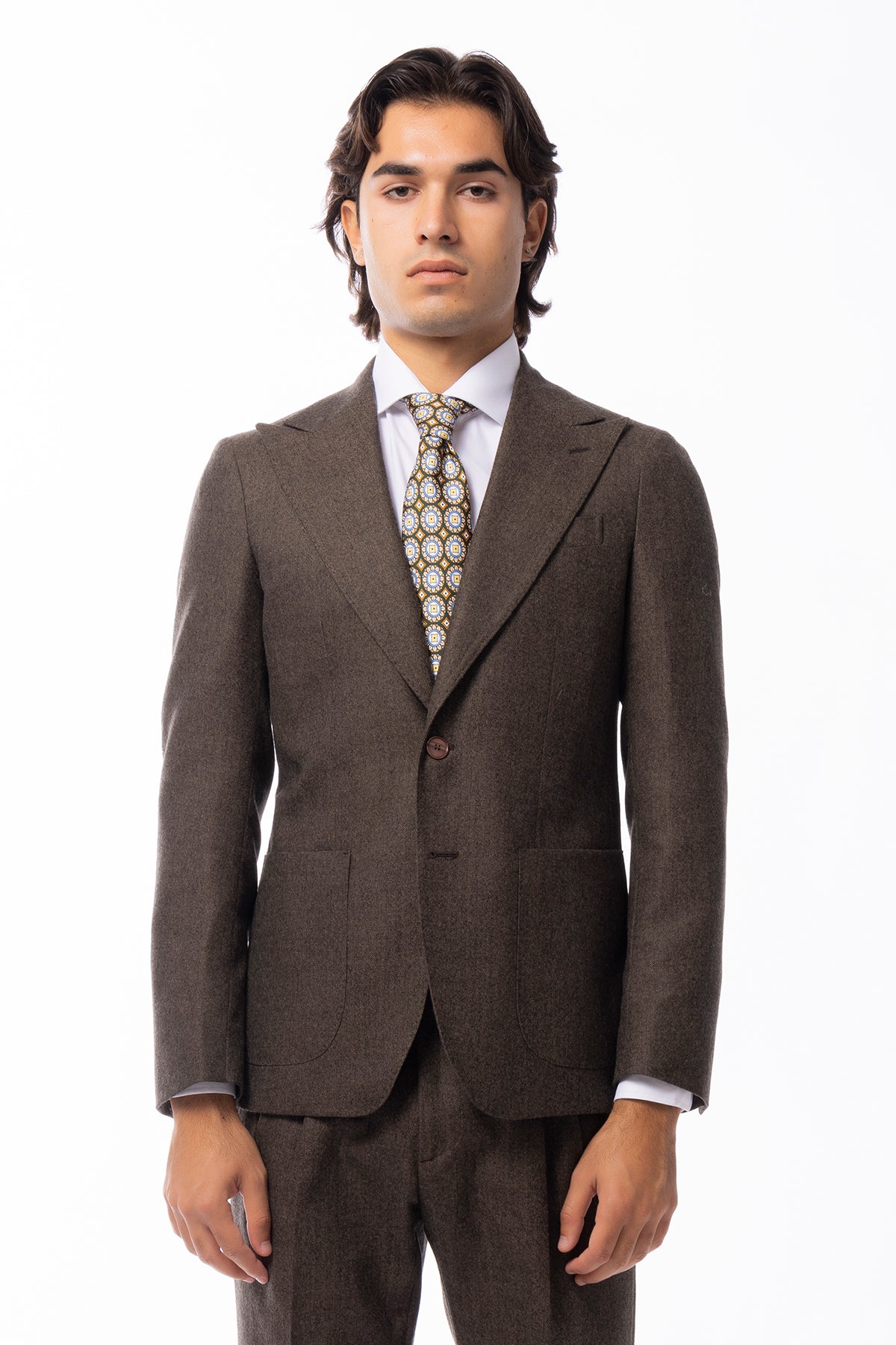 ABITO uomo monopetto marrone spigata in pura lana Rever a lancia e tasche a toppe Holland & Sherry
