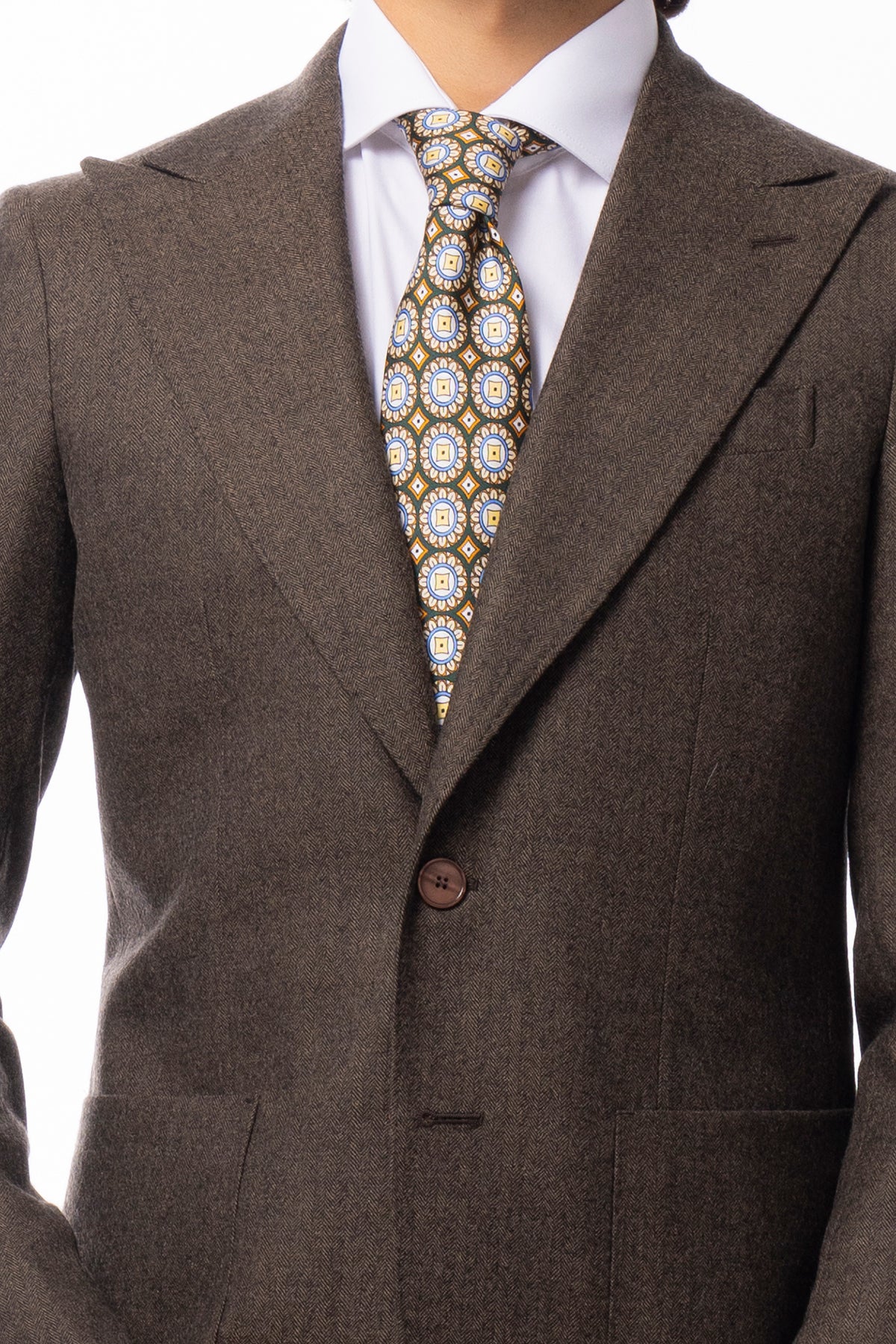 ABITO uomo monopetto marrone spigata in pura lana Rever a lancia e tasche a toppe Holland & Sherry