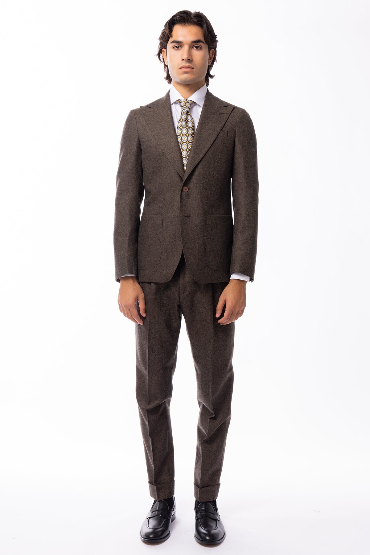 Giacca uomo monopetto marrone spigata in pura lana Rever a lancia e tasche a toppe Holland & Sherry
