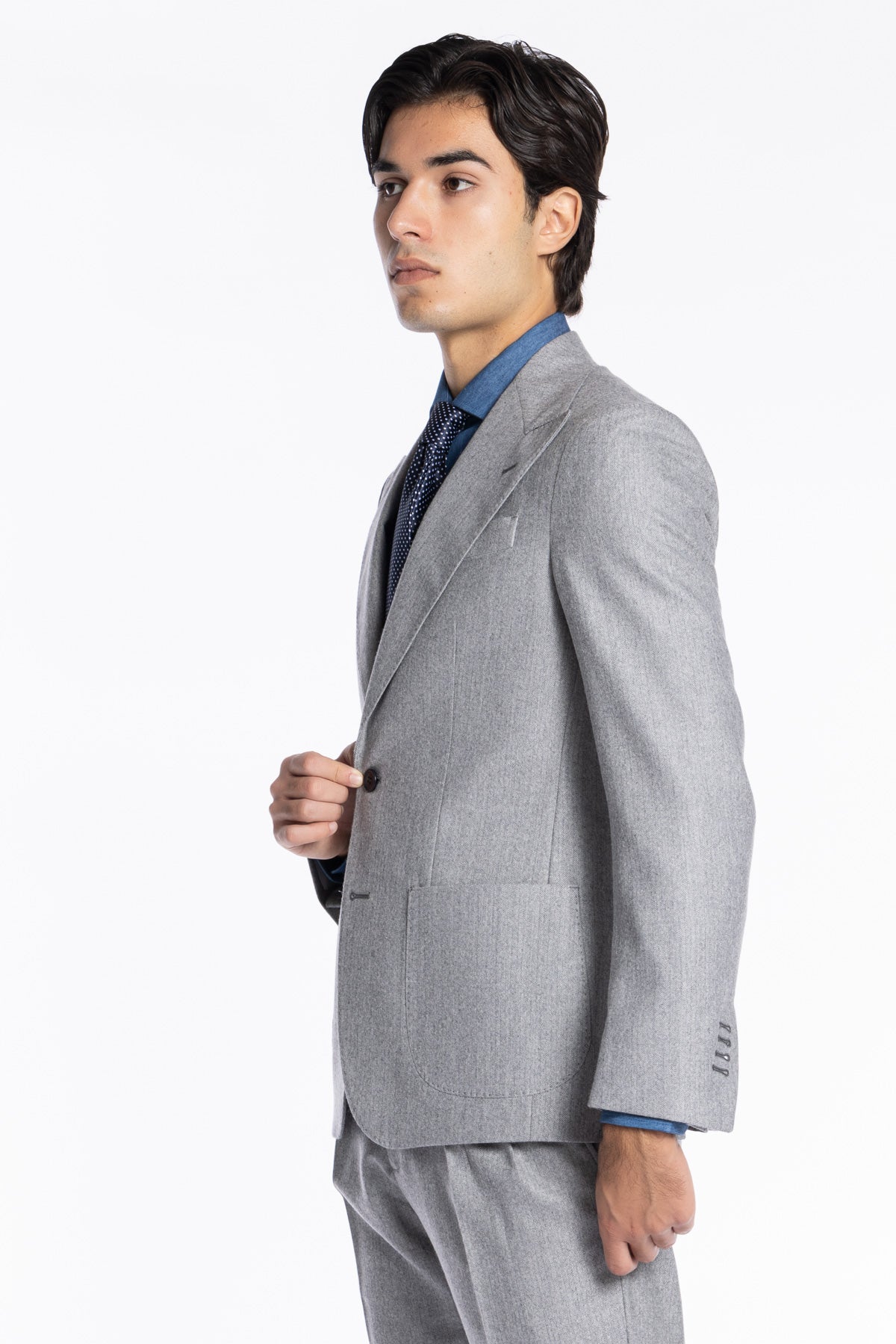 Giacca uomo monopetto grigio chiaro spigata in pura lana Rever a lancia e tasche a toppe Holland & Sherry
