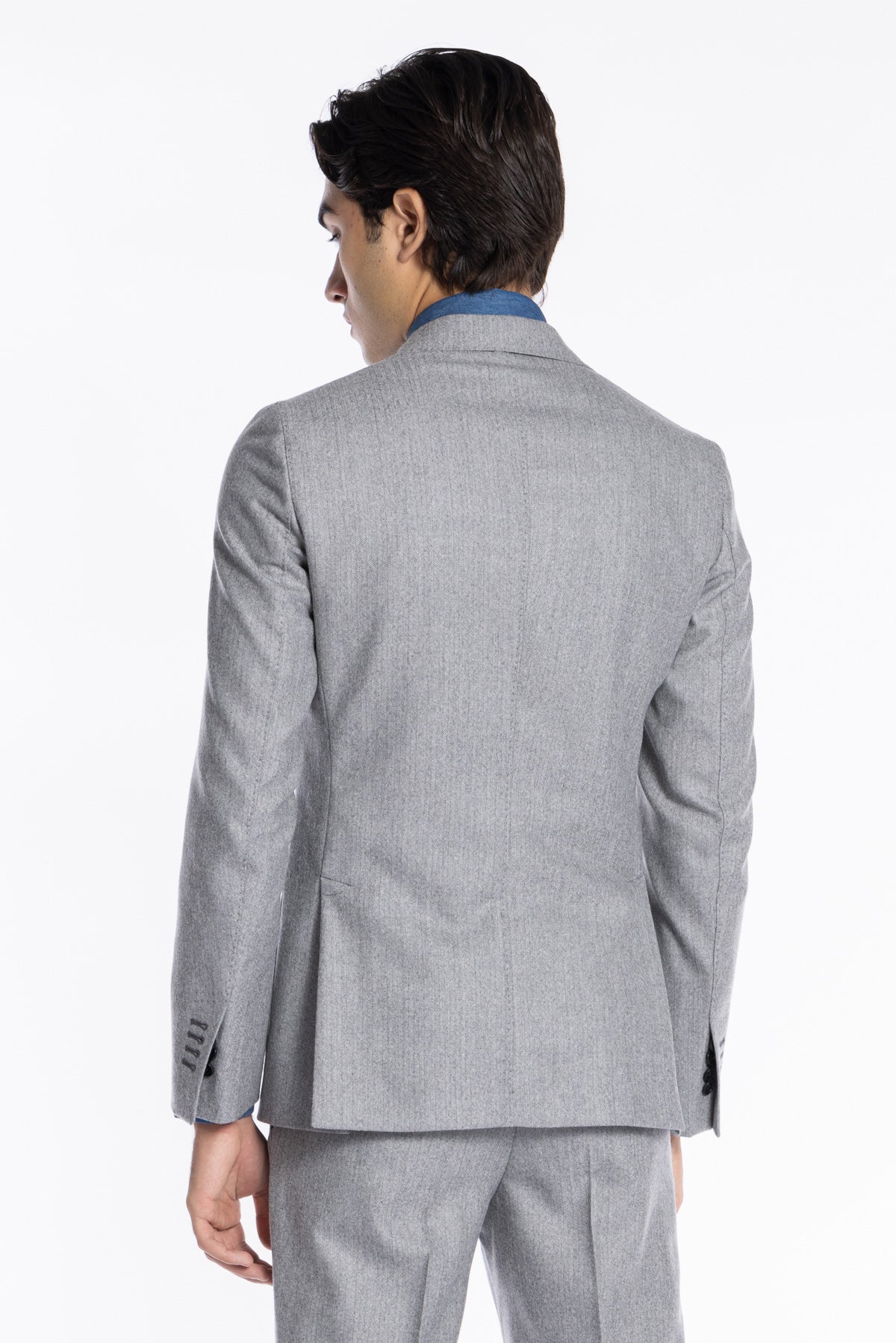 Giacca uomo monopetto grigio chiaro spigata in pura lana Rever a lancia e tasche a toppe Holland & Sherry