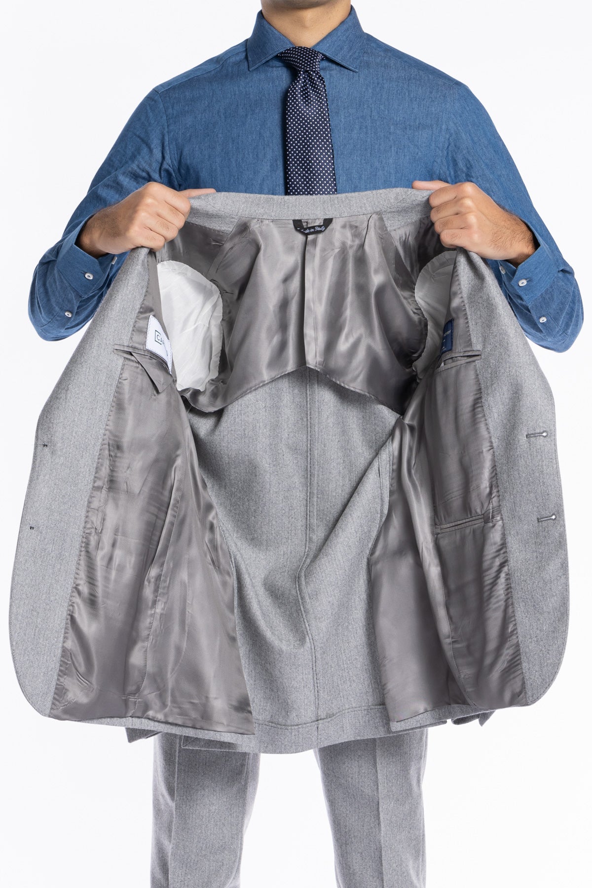 Giacca uomo monopetto grigio chiaro spigata in pura lana Rever a lancia e tasche a toppe Holland & Sherry
