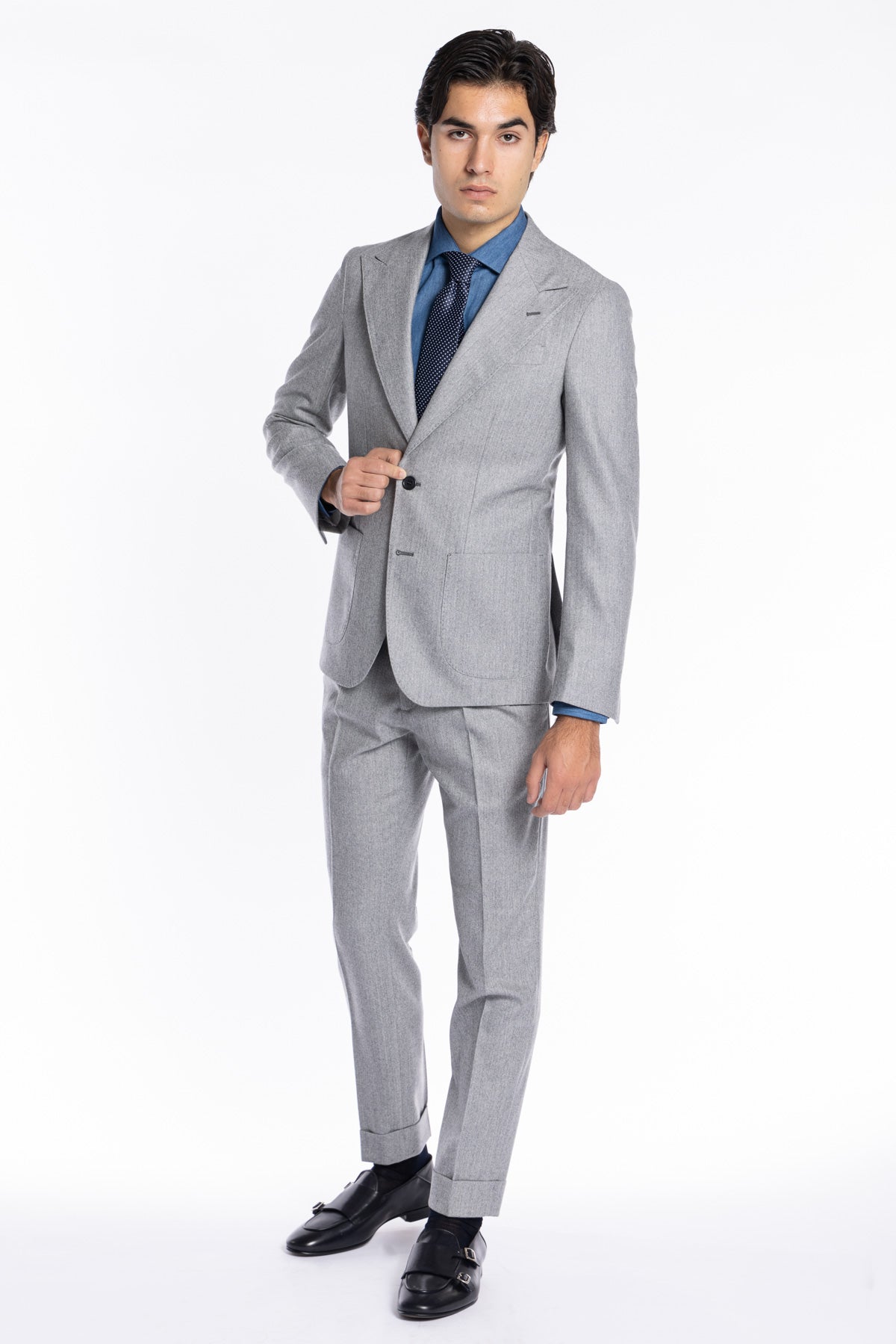 Giacca uomo monopetto grigio chiaro spigata in pura lana Rever a lancia e tasche a toppe Holland & Sherry