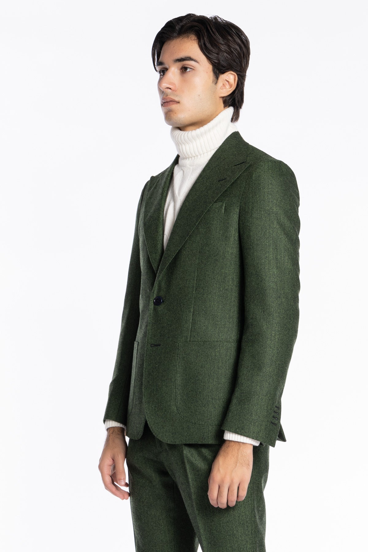Giacca uomo monopetto verde spigata in pura lana Rever a lancia e tasche a toppe Holland & Sherry