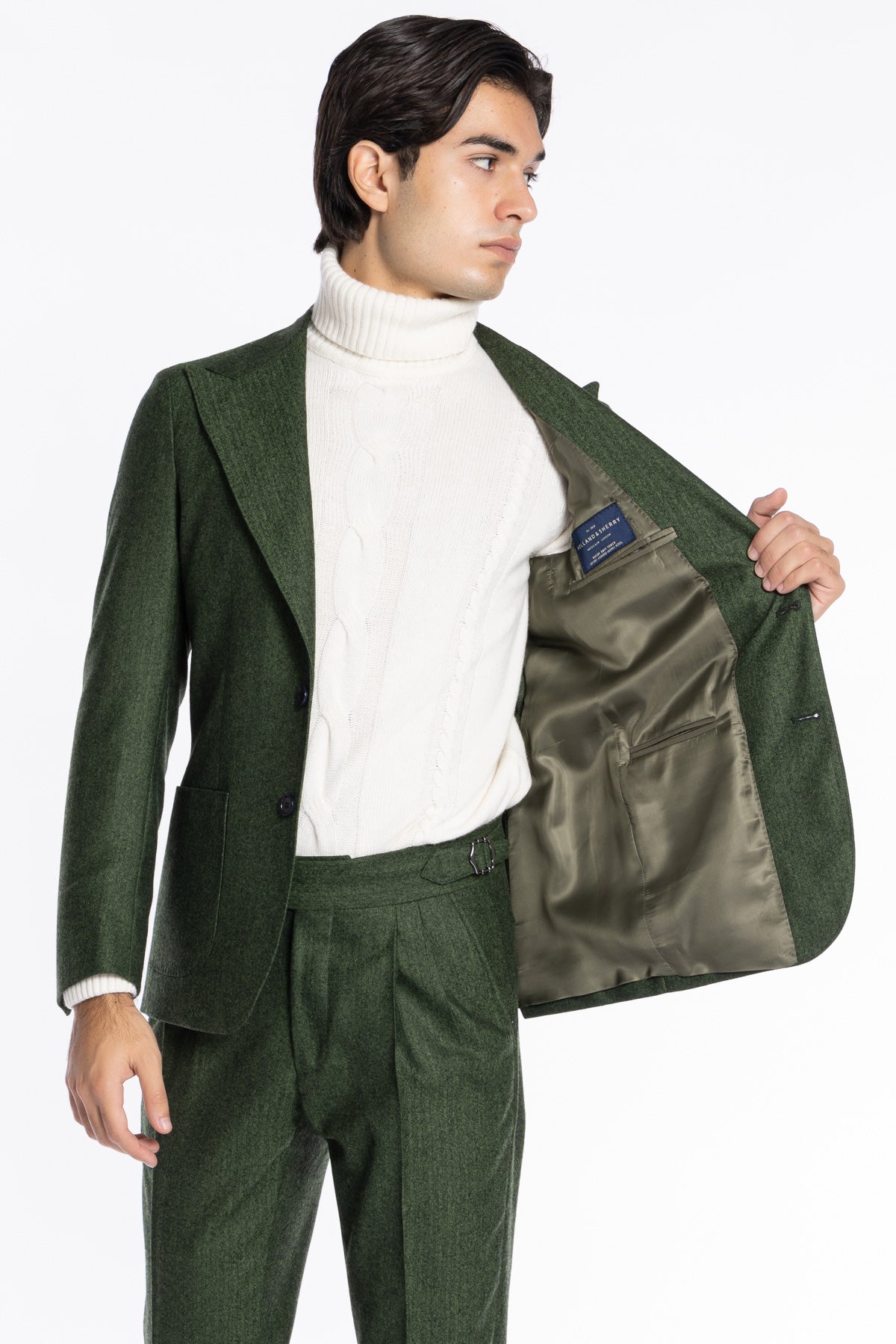 Giacca uomo monopetto verde spigata in pura lana Rever a lancia e tasche a toppe Holland & Sherry