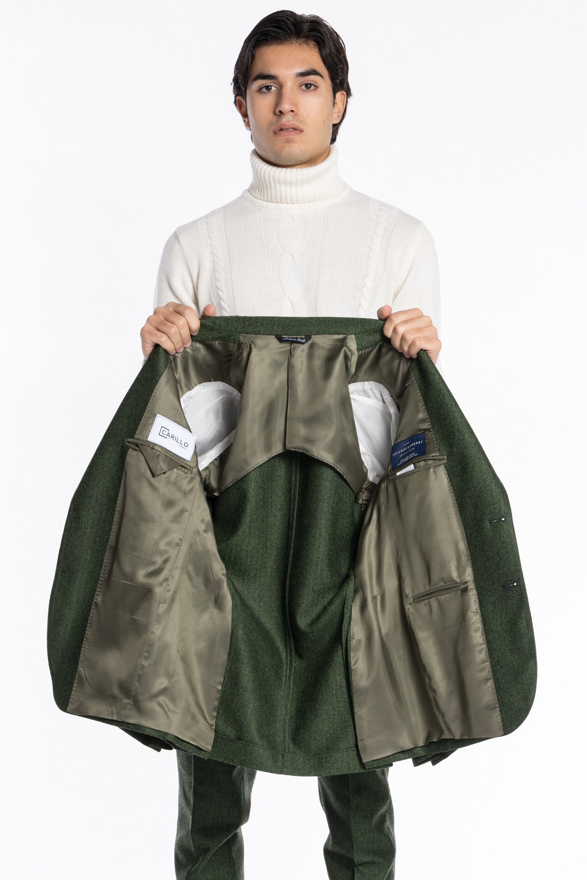 Giacca uomo monopetto verde spigata in pura lana Rever a lancia e tasche a toppe Holland & Sherry