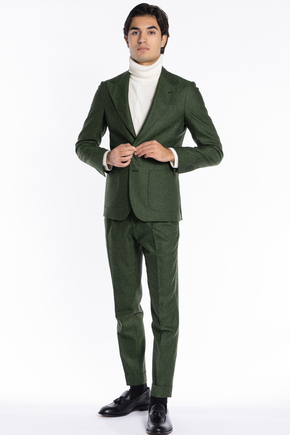 Giacca uomo monopetto verde spigata in pura lana Rever a lancia e tasche a toppe Holland & Sherry
