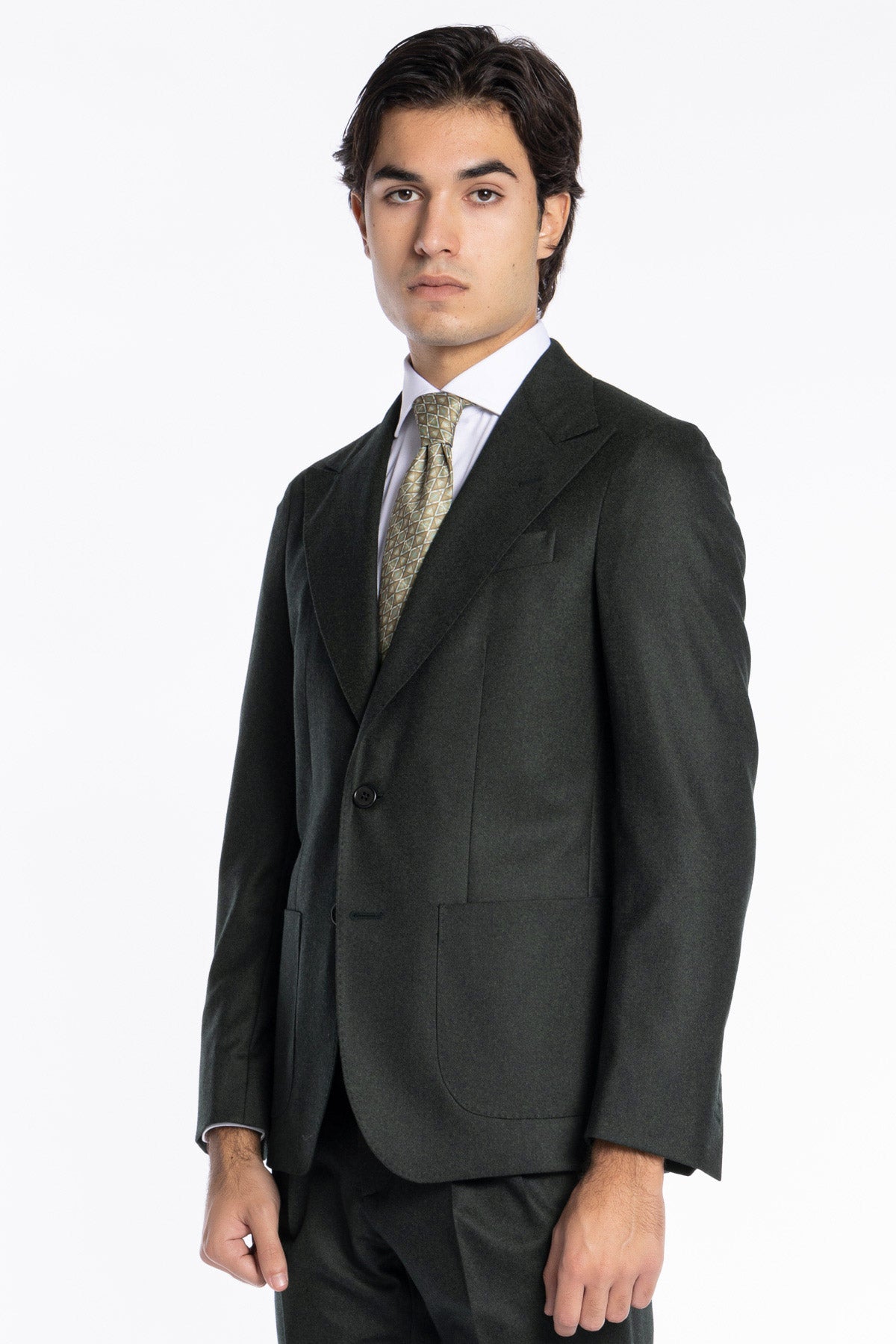 Giacca uomo monopetto verde scuro in pura lana Rever a lancia e tasche a toppe Vitale Barberis Canonico