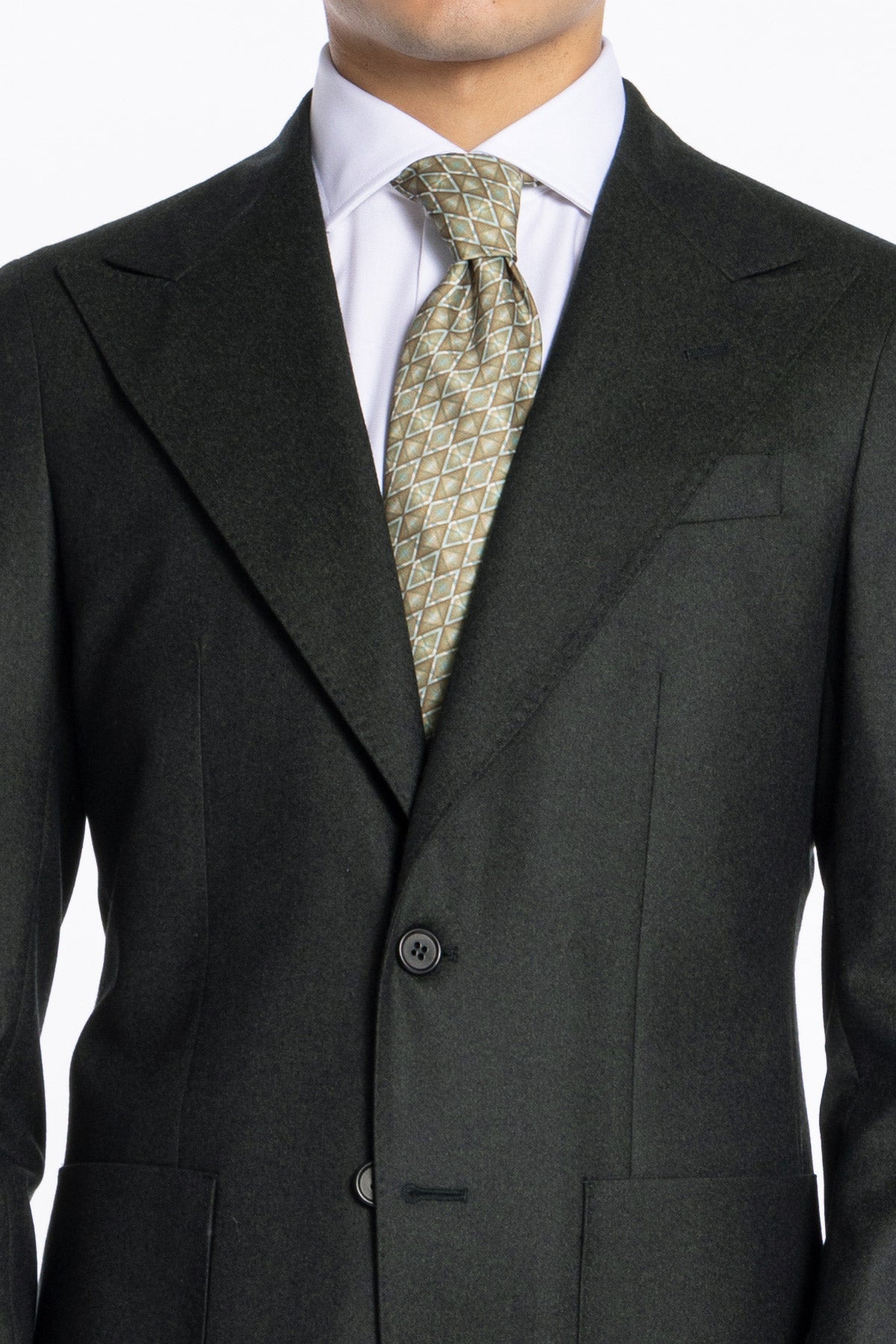 Giacca uomo monopetto verde scuro in pura lana Rever a lancia e tasche a toppe Vitale Barberis Canonico