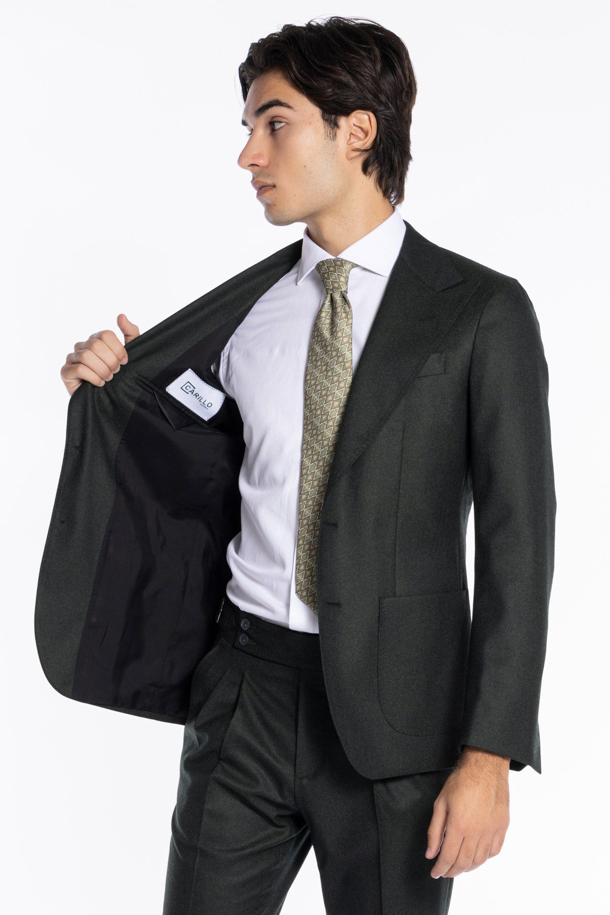 Giacca uomo monopetto verde scuro in pura lana Rever a lancia e tasche a toppe Vitale Barberis Canonico