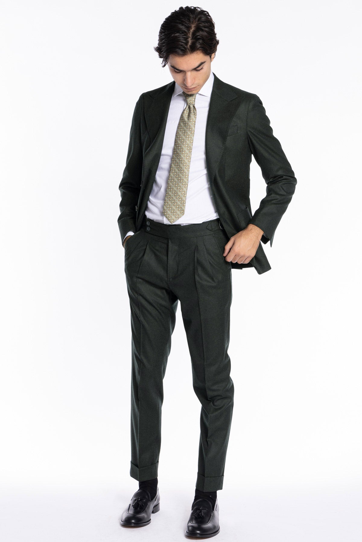 Giacca uomo monopetto verde scuro in pura lana Rever a lancia e tasche a toppe Vitale Barberis Canonico