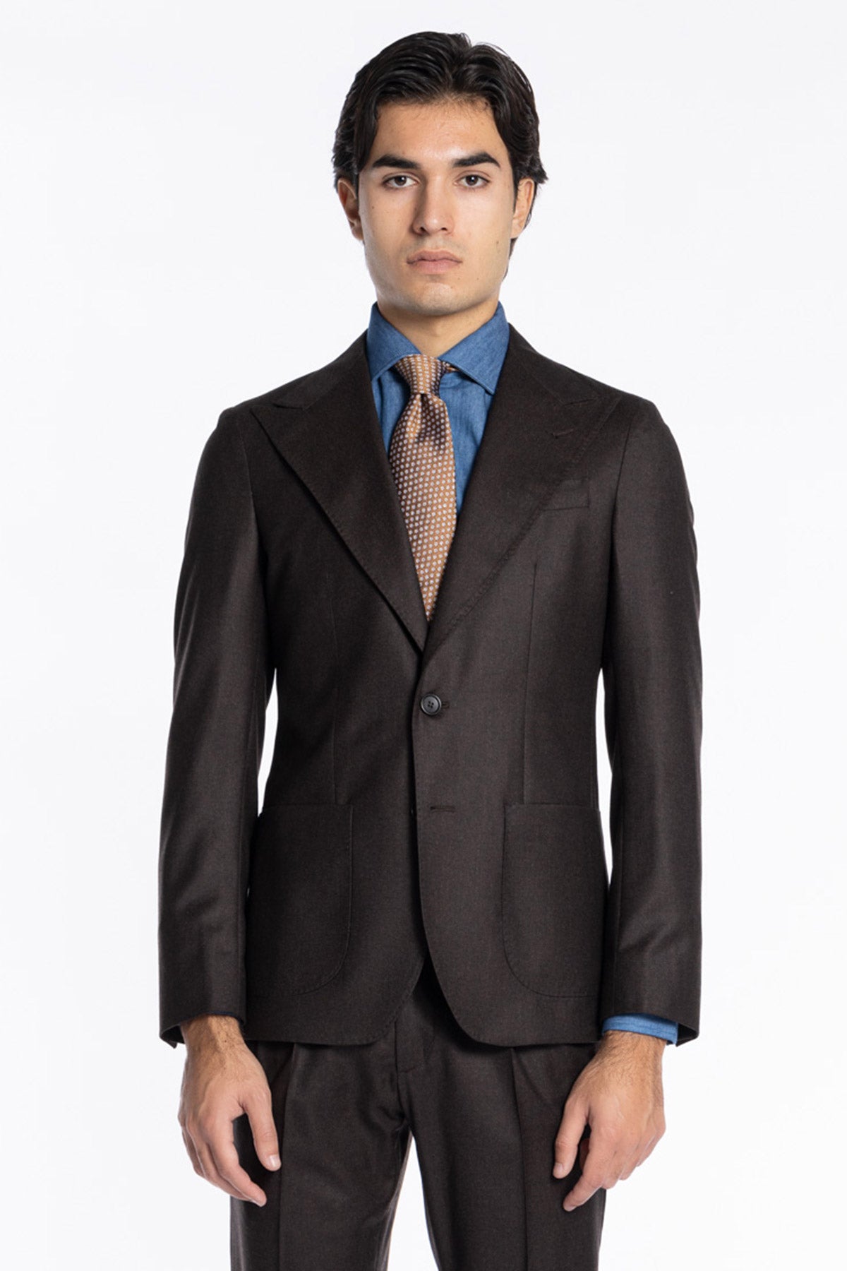 Abito uomo monopetto Marrone in pura lana Rever a lancia e tasche a toppe Vitale Barberis Canonico
