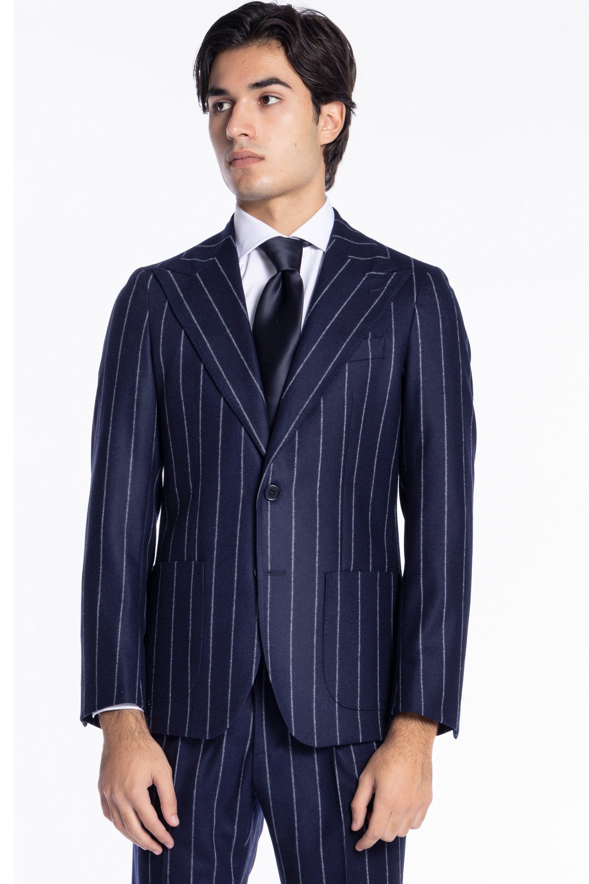 Giacca uomo monopetto Blu gessata in pura lana Rever a lancia e tasche a toppe Vitale Barberis Canonico