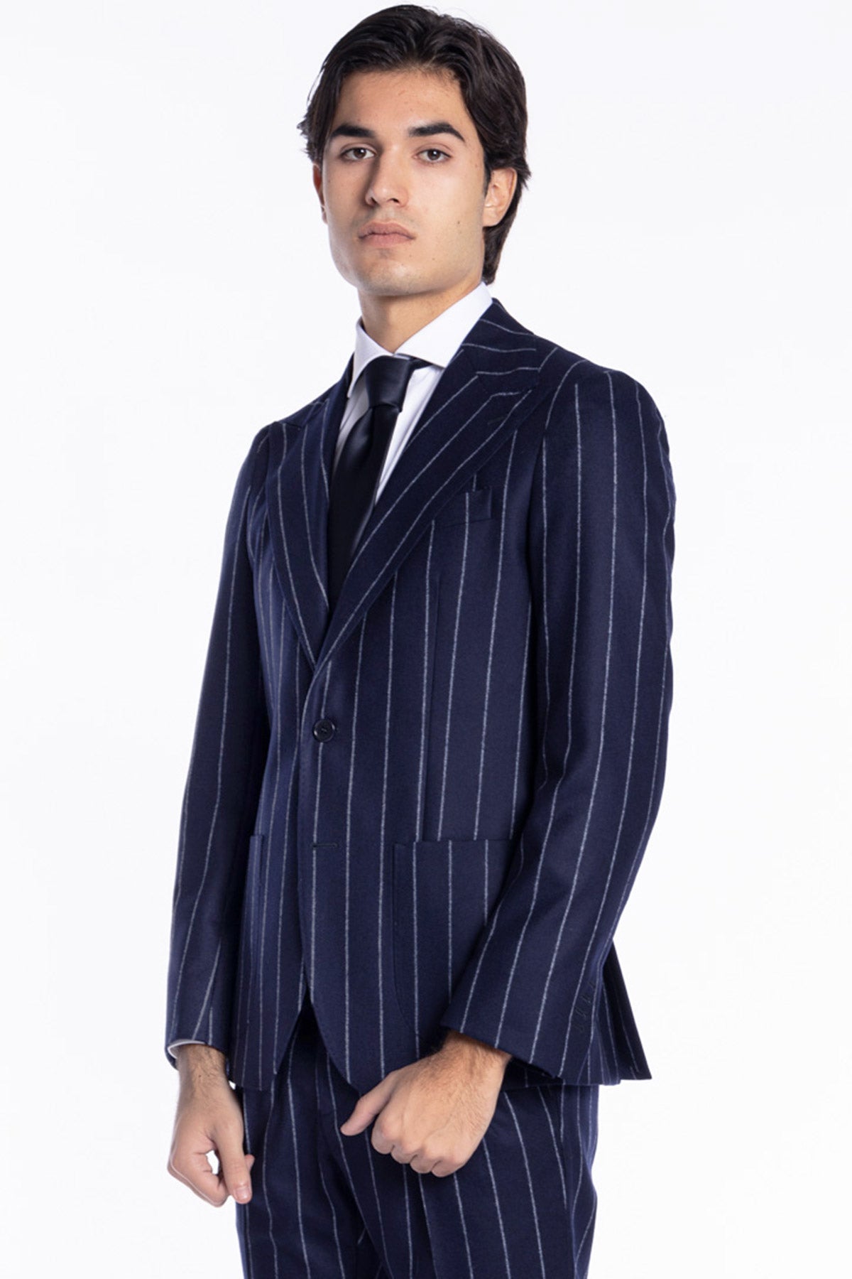 Giacca uomo monopetto Blu gessata in pura lana Rever a lancia e tasche a toppe Vitale Barberis Canonico