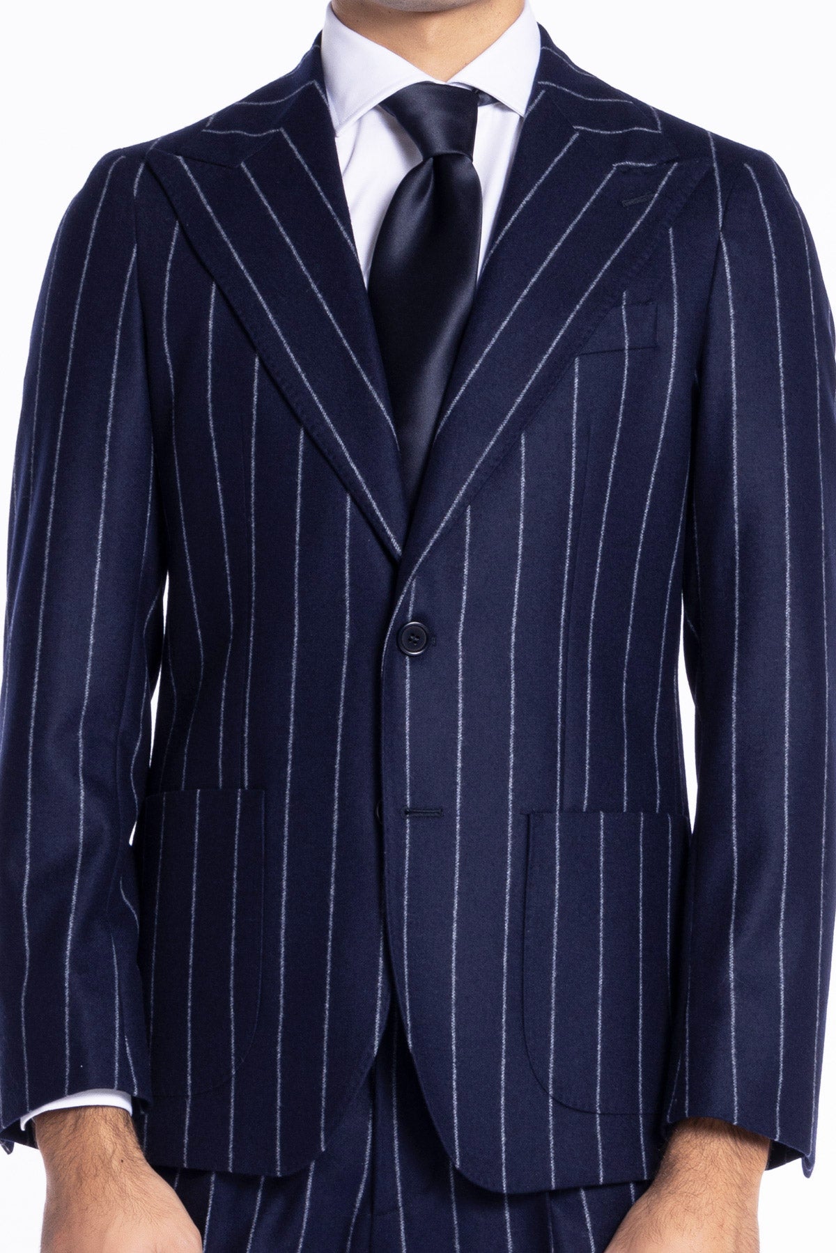 Giacca uomo monopetto Blu gessata in pura lana Rever a lancia e tasche a toppe Vitale Barberis Canonico