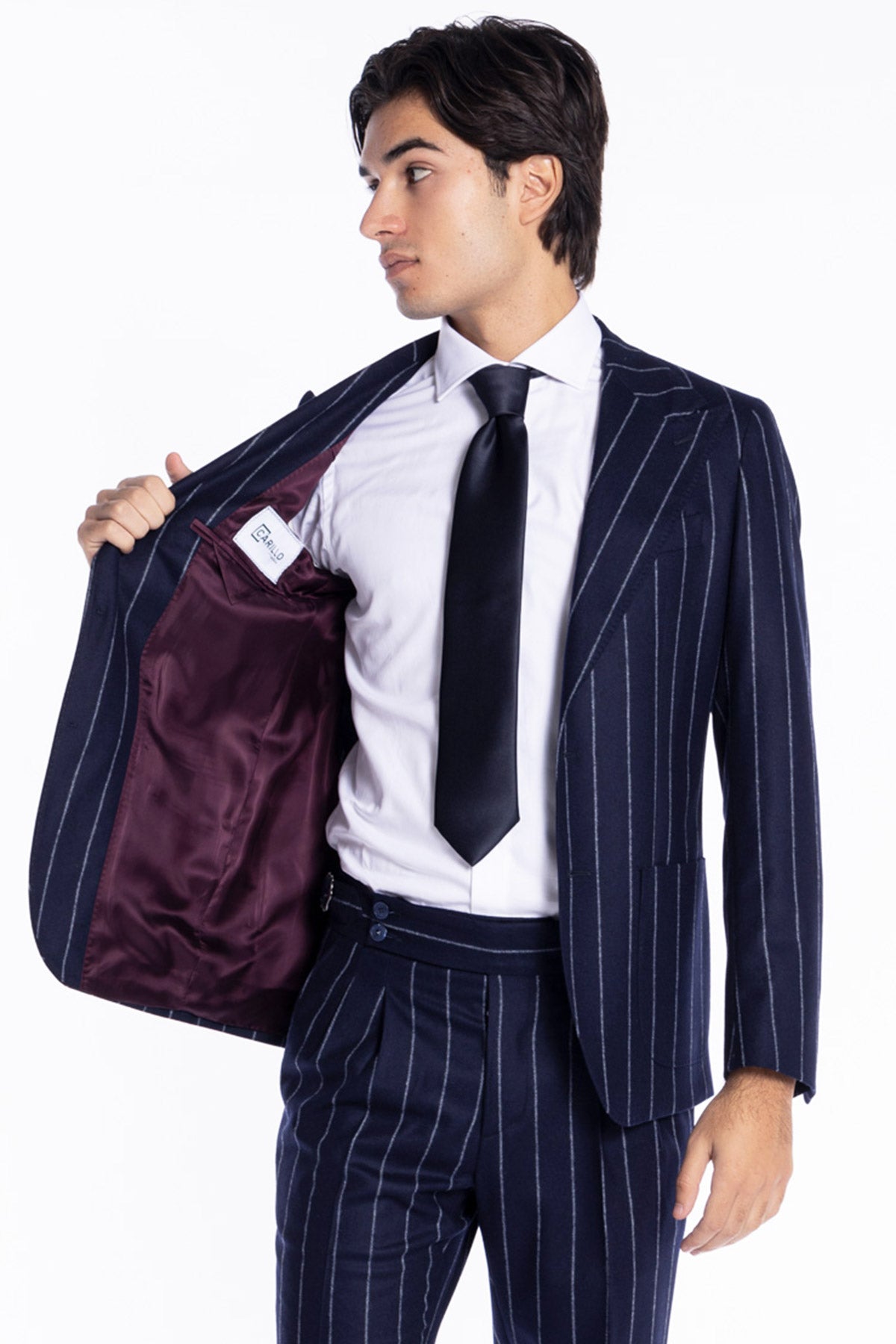 Giacca uomo monopetto Blu gessata in pura lana Rever a lancia e tasche a toppe Vitale Barberis Canonico