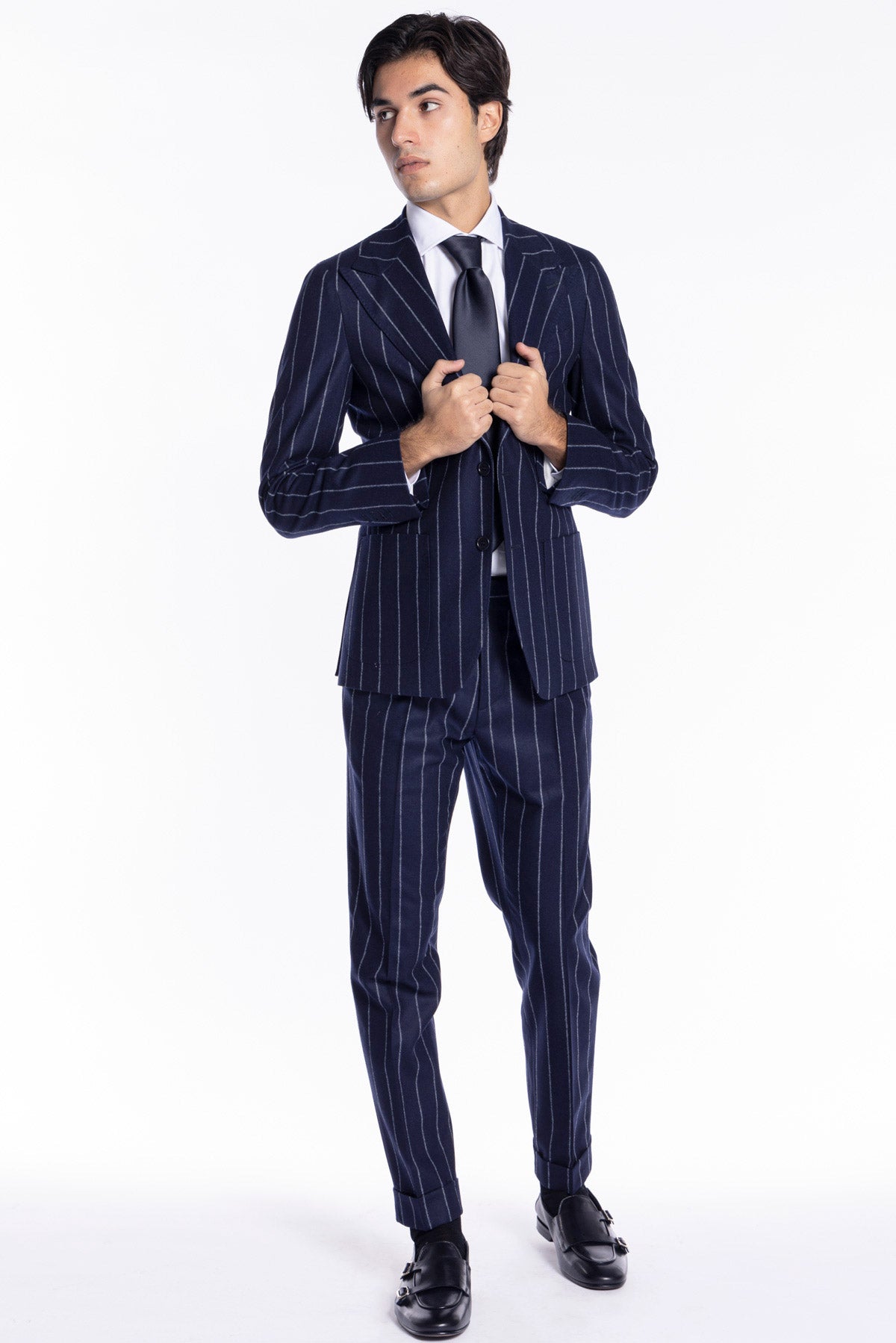 Giacca uomo monopetto Blu gessata in pura lana Rever a lancia e tasche a toppe Vitale Barberis Canonico
